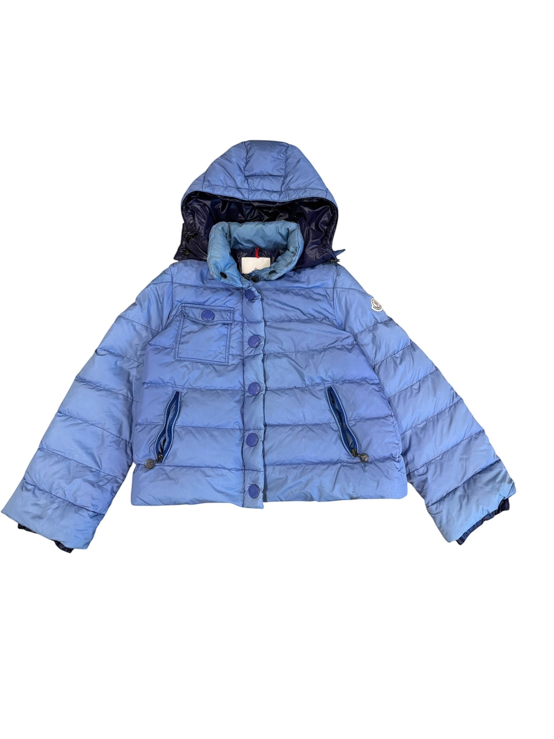 Archive No. 9 Women's blue down-filled puffer jacket with detachable hood, size Small.