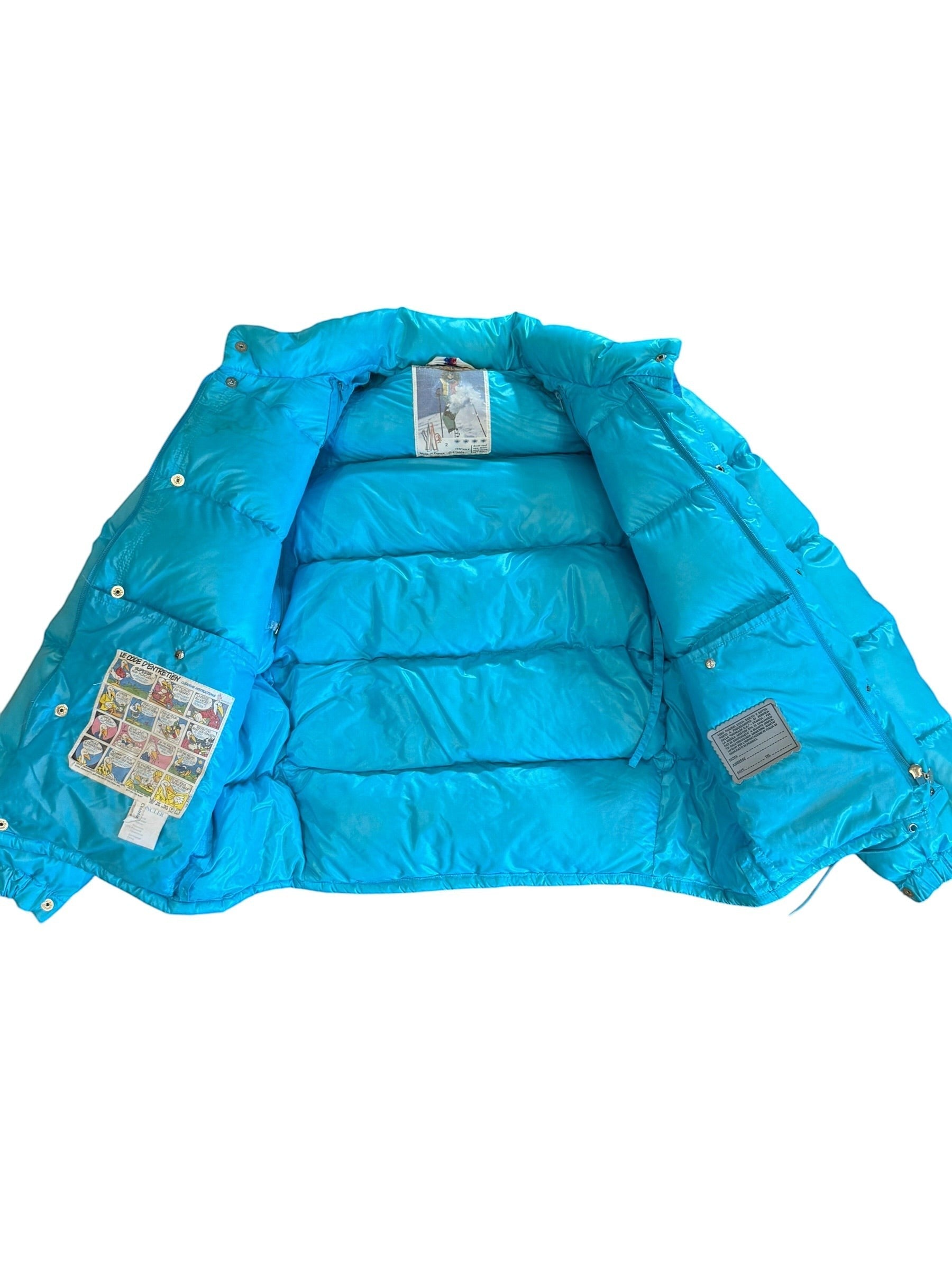 Archive No. 9 1990s Moncler blue down-filled puffer jacket with removable sleeves, size L.