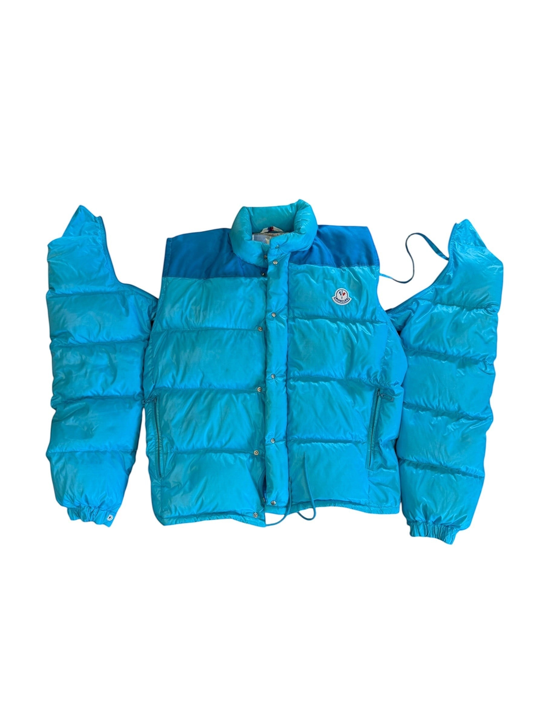 Archive No. 9 1990s Moncler blue down puffer jacket with removable sleeves, size Large.