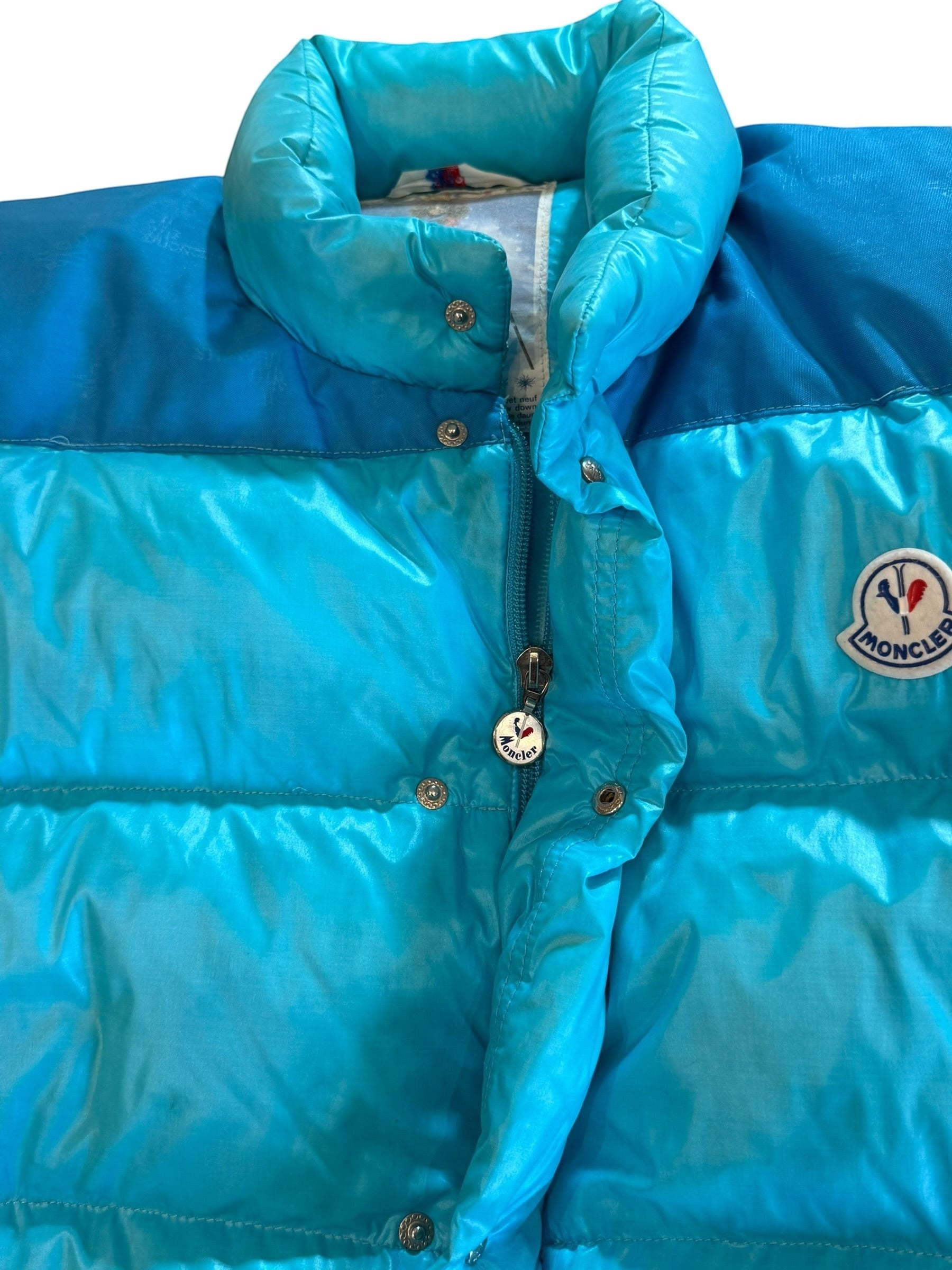 Archive No. 9 1990s Moncler blue down-filled puffer jacket with removable sleeves, size Large.