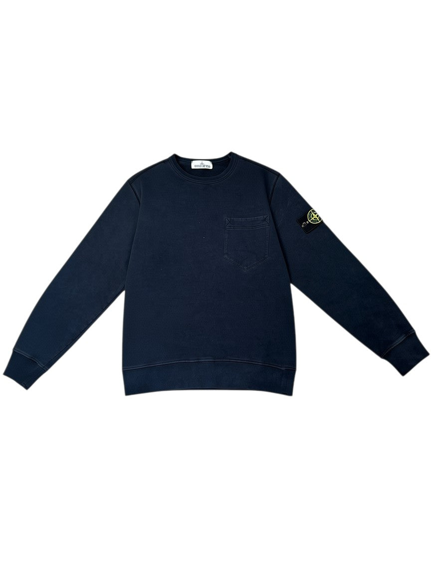 Archive No. 9 blue 100% cotton Stone Island crew neck jumper with compass badge on arm and chest pocket. Size L.