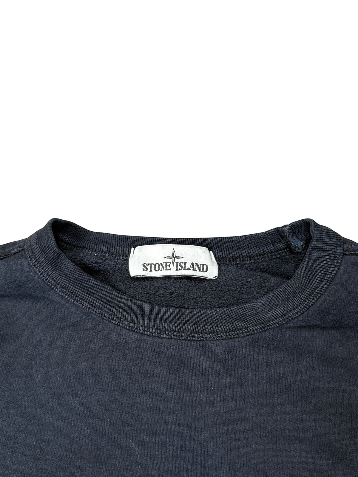 Archive No. 9 blue 100% cotton Stone Island crew neck jumper, size L, with iconic compass badge on arm.