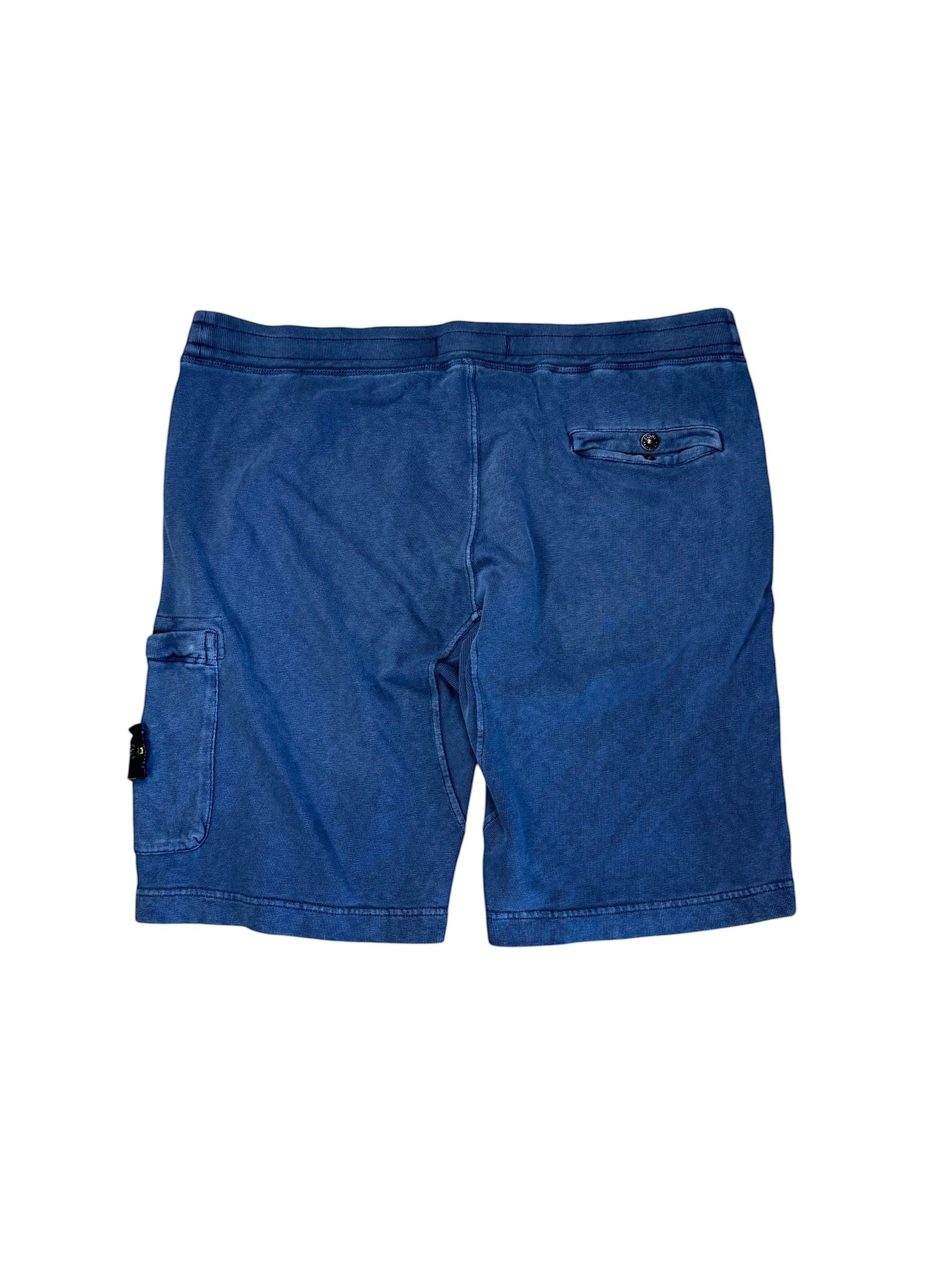 Archive No. 9 blue 100% cotton Stone Island cargo shorts with compass logo on leg and drawstring waist.