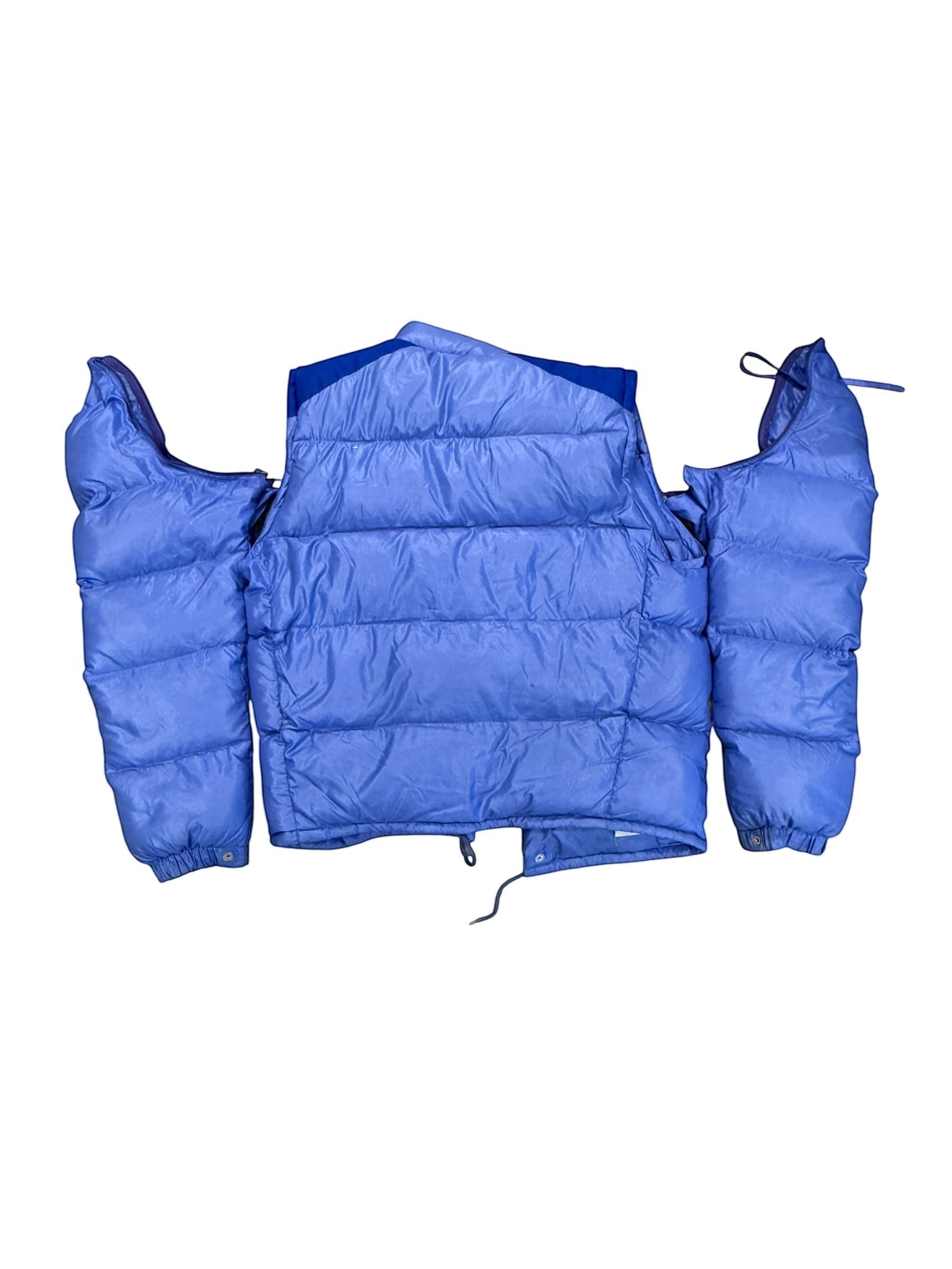 Archive No. 9 vintage blue down-filled puffer jacket with detachable sleeves, size Large.