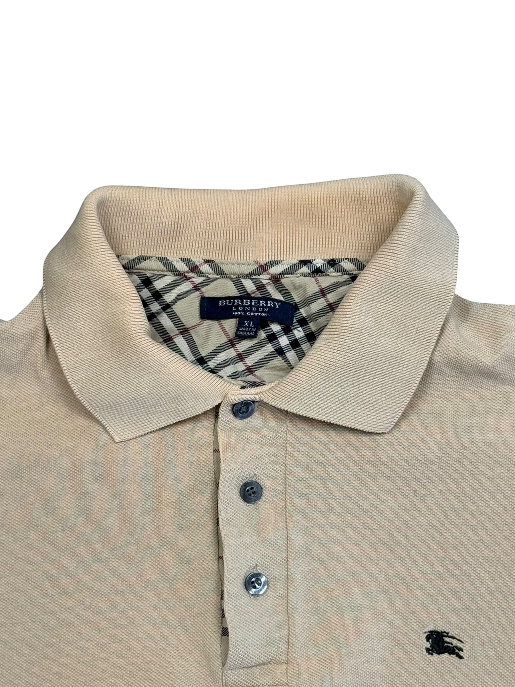 Archive No.9 beige 100% cotton Burberry long sleeve polo shirt with classic check collar detail and embroidered logo.