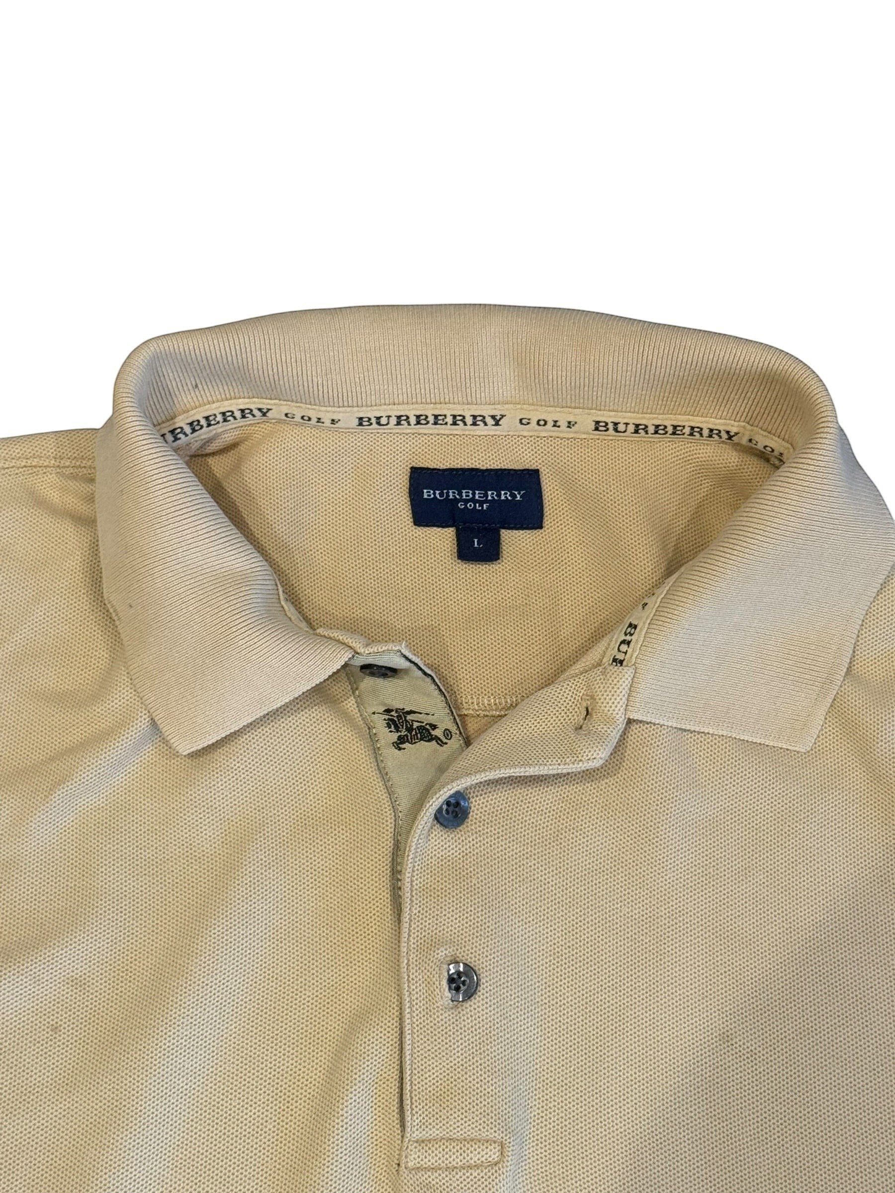 Archive No. 9 beige 100% cotton Burberry polo shirt, size L, with embroidered logo detail and button placket.