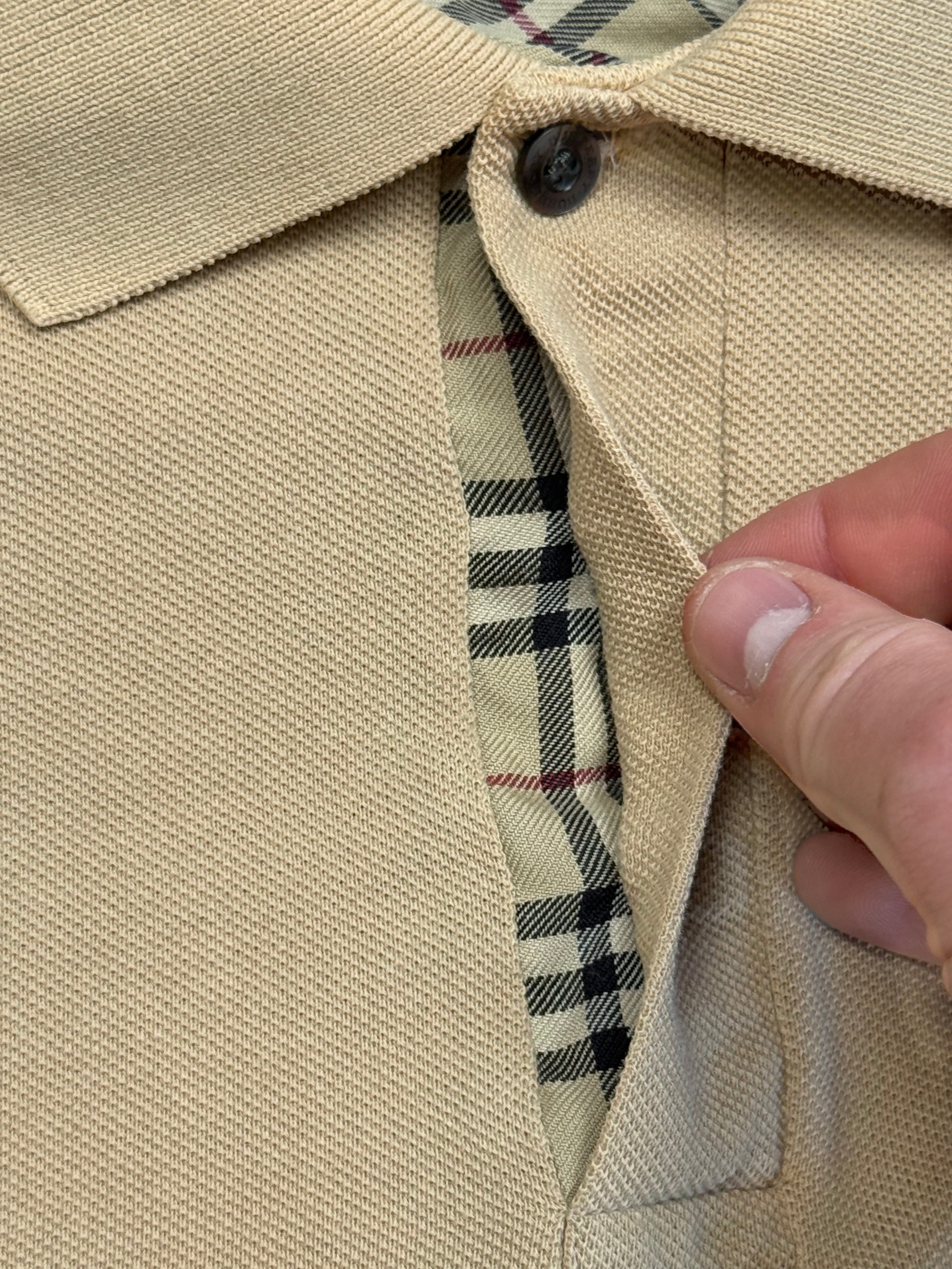 Archive No.9 beige long sleeve cotton polo shirt with iconic Burberry check lining and chest logo, size XL.