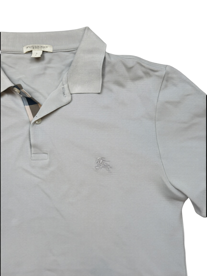 Archive No.9 vintage grey Burberry cotton polo shirt with embroidered logo and signature check placket detail