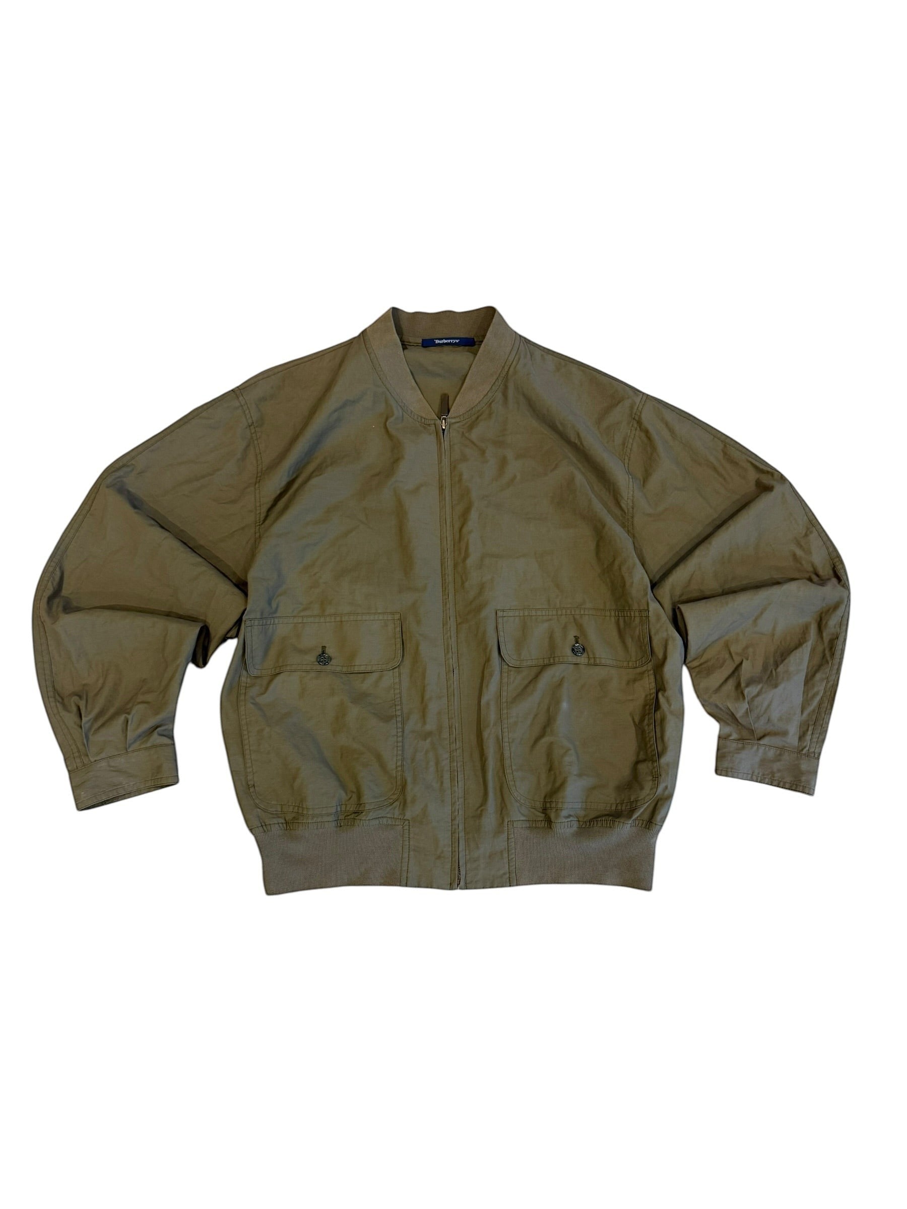 Archive No. 9 Burberry khaki lightweight bomber jacket, size Medium, with zip closure and two chest pockets.
