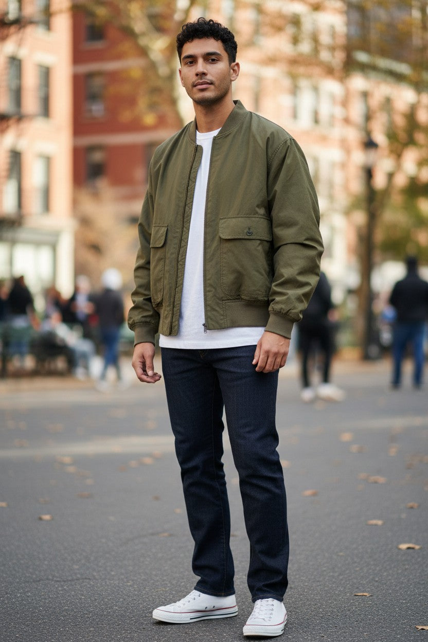 Archive No. 9 Burberry khaki lightweight bomber jacket with zip closure and two chest pockets, size Medium.
