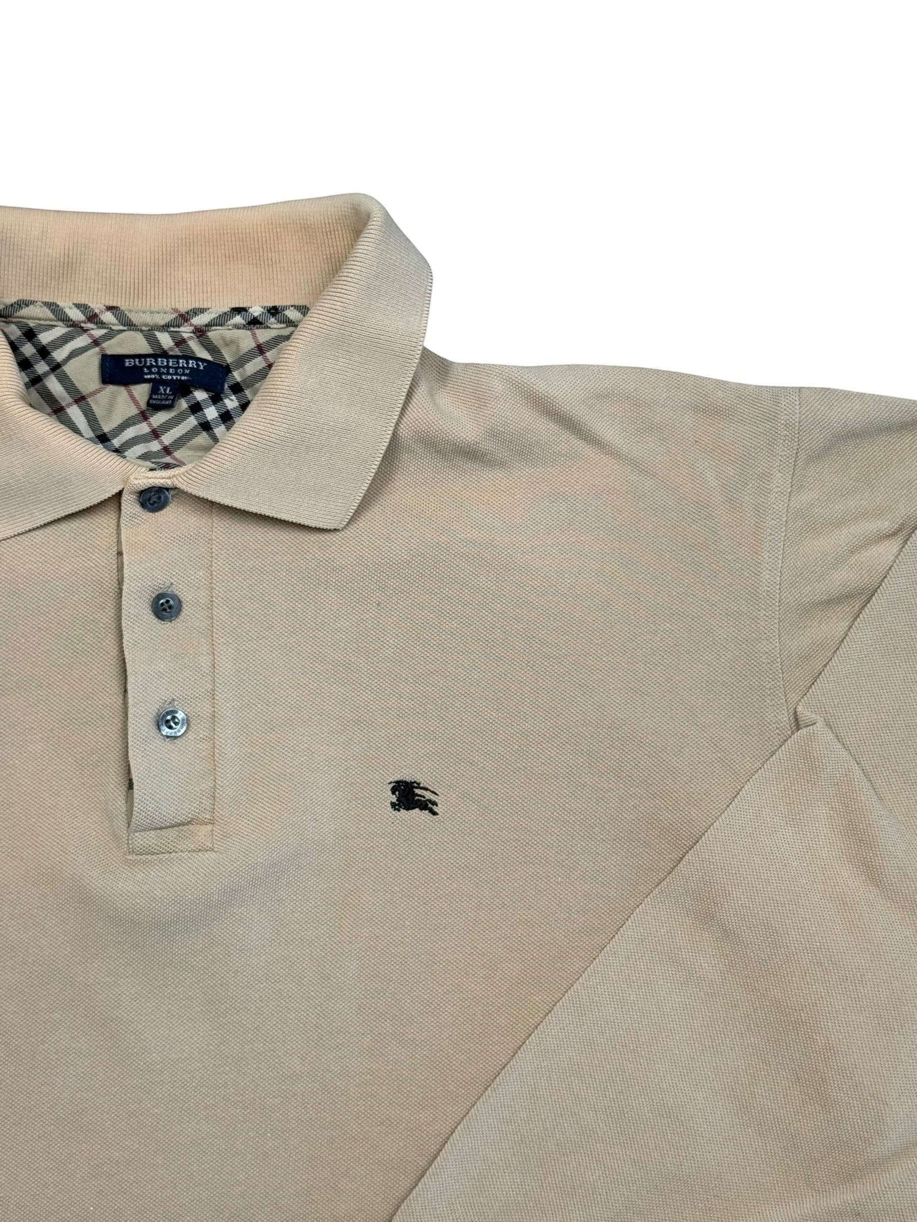 Archive No.9 beige long sleeve polo shirt in size XL, featuring the iconic Burberry check lining and a small embroidered Equestrian Knight logo on the chest.