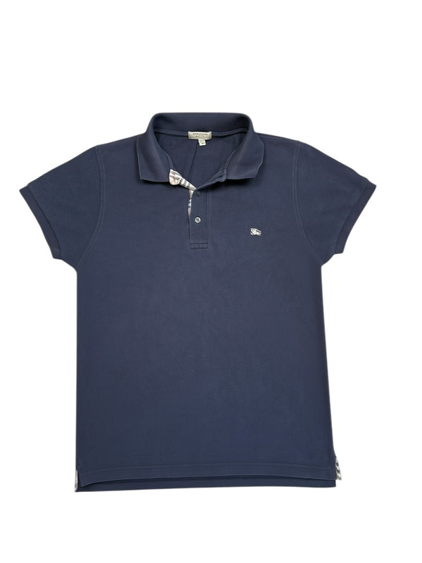 Archive No.9 navy blue cotton slim fit polo shirt with iconic Burberry logo on chest and check detail inside collar.