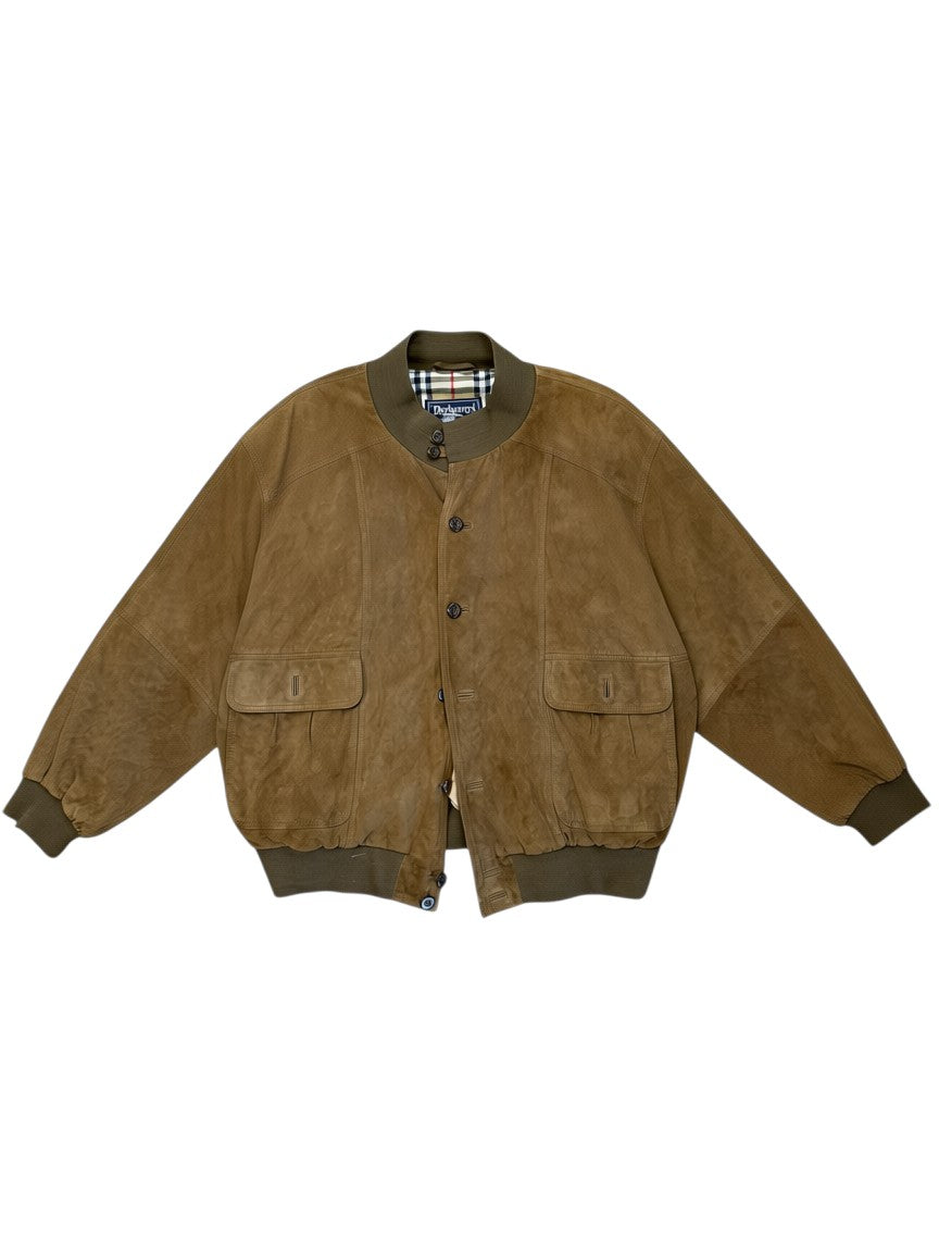 Archive No. 9 Burberry khaki suede bomber jacket with iconic check lining and button closure.
