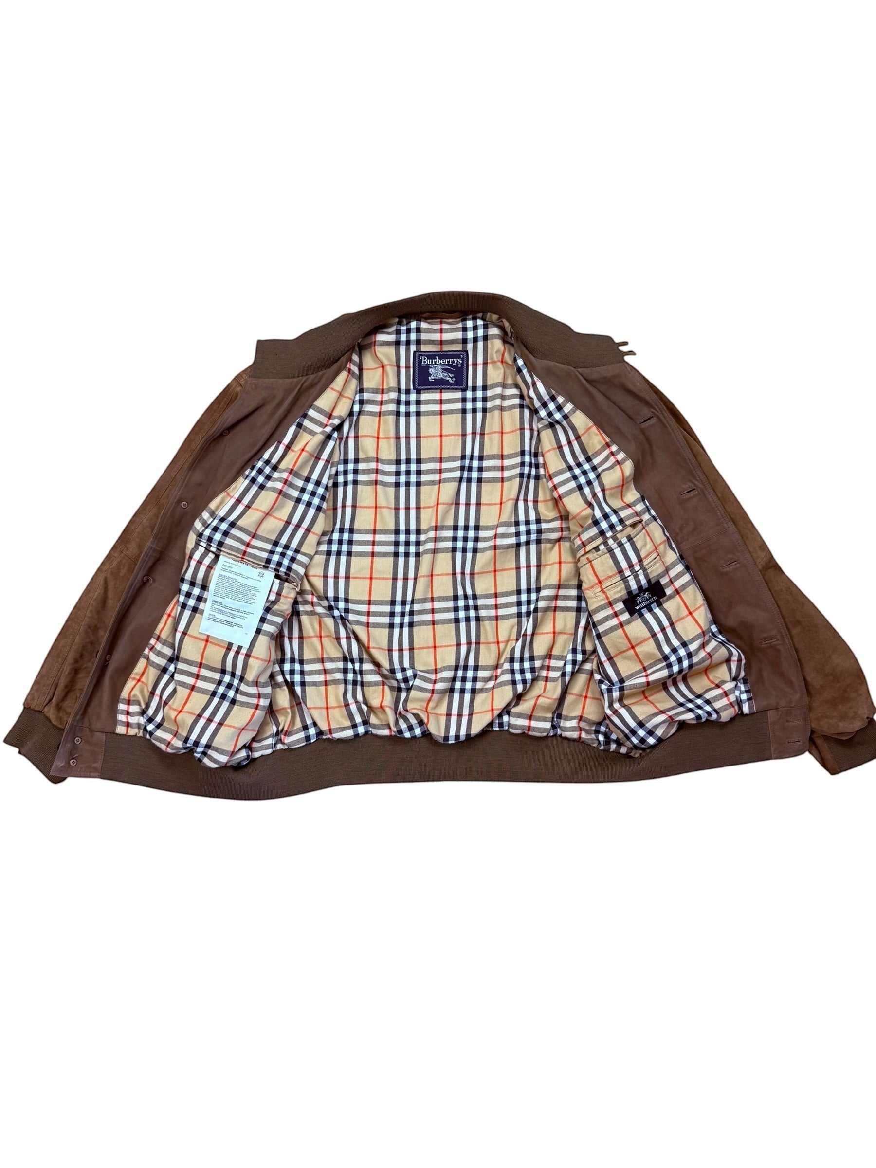 Archive No. 9 Burberry suede bomber jacket in khaki with iconic Nova Check lining. Regular fit, size M.