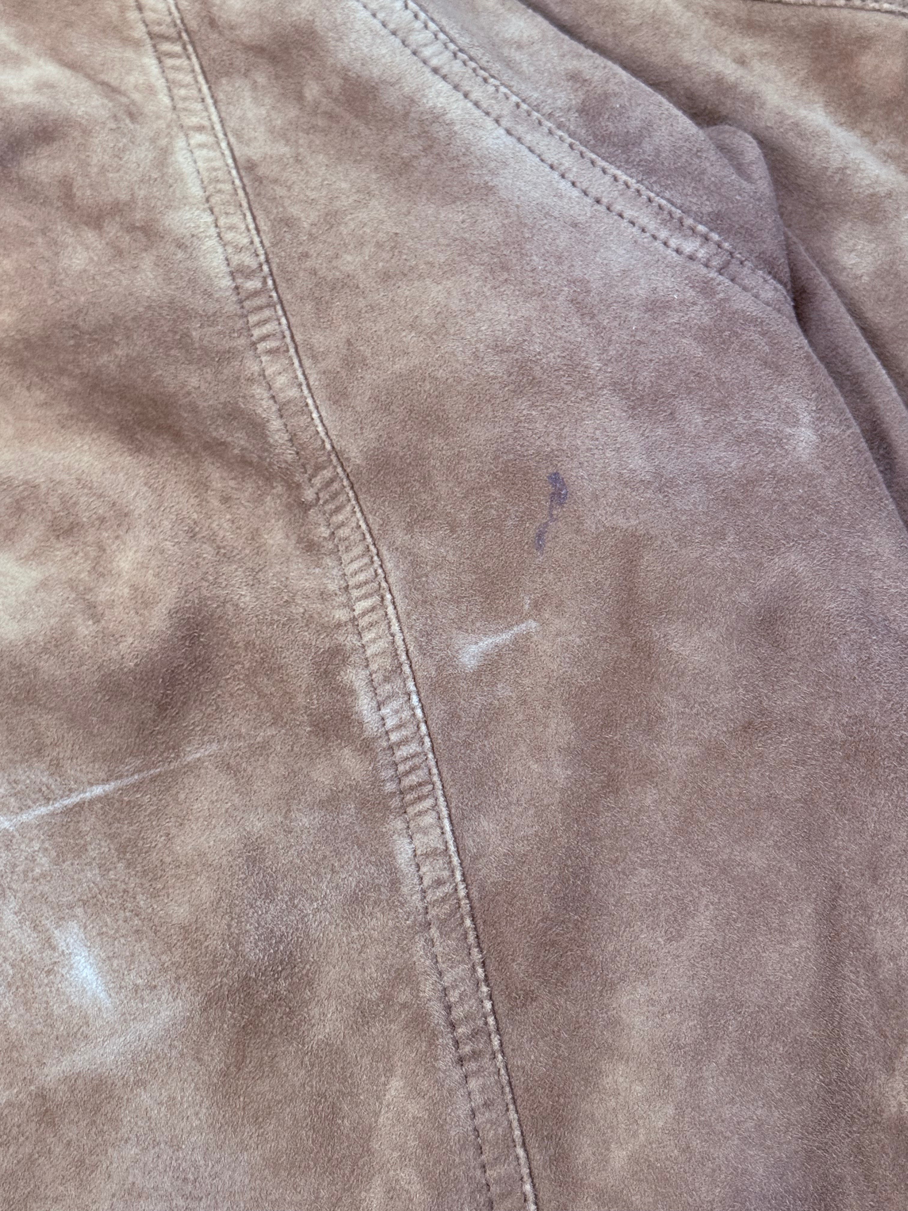 Archive No. 9 Burberry khaki suede bomber jacket with iconic check interior, size M. Shows minor marks.
