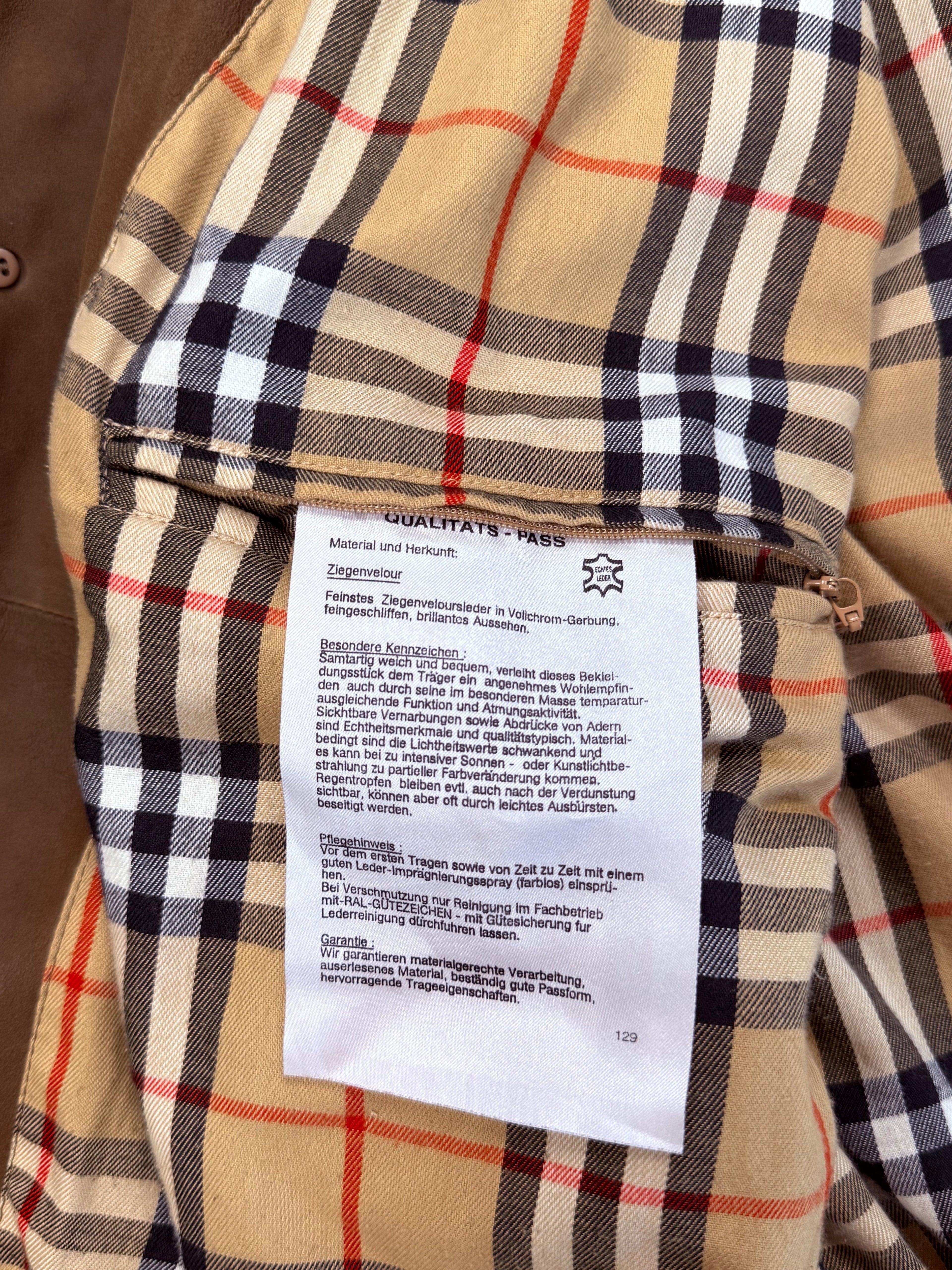 Archive No.9 Burberry khaki suede bomber jacket with iconic check lining. Size M.