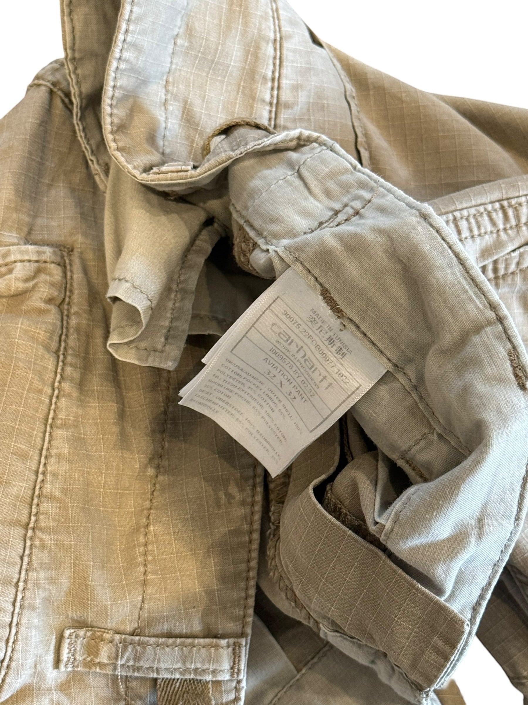 Archive No. 9 Carhartt beige aviation cargo pants, 32/32, lightweight, durable cotton with multiple pockets.