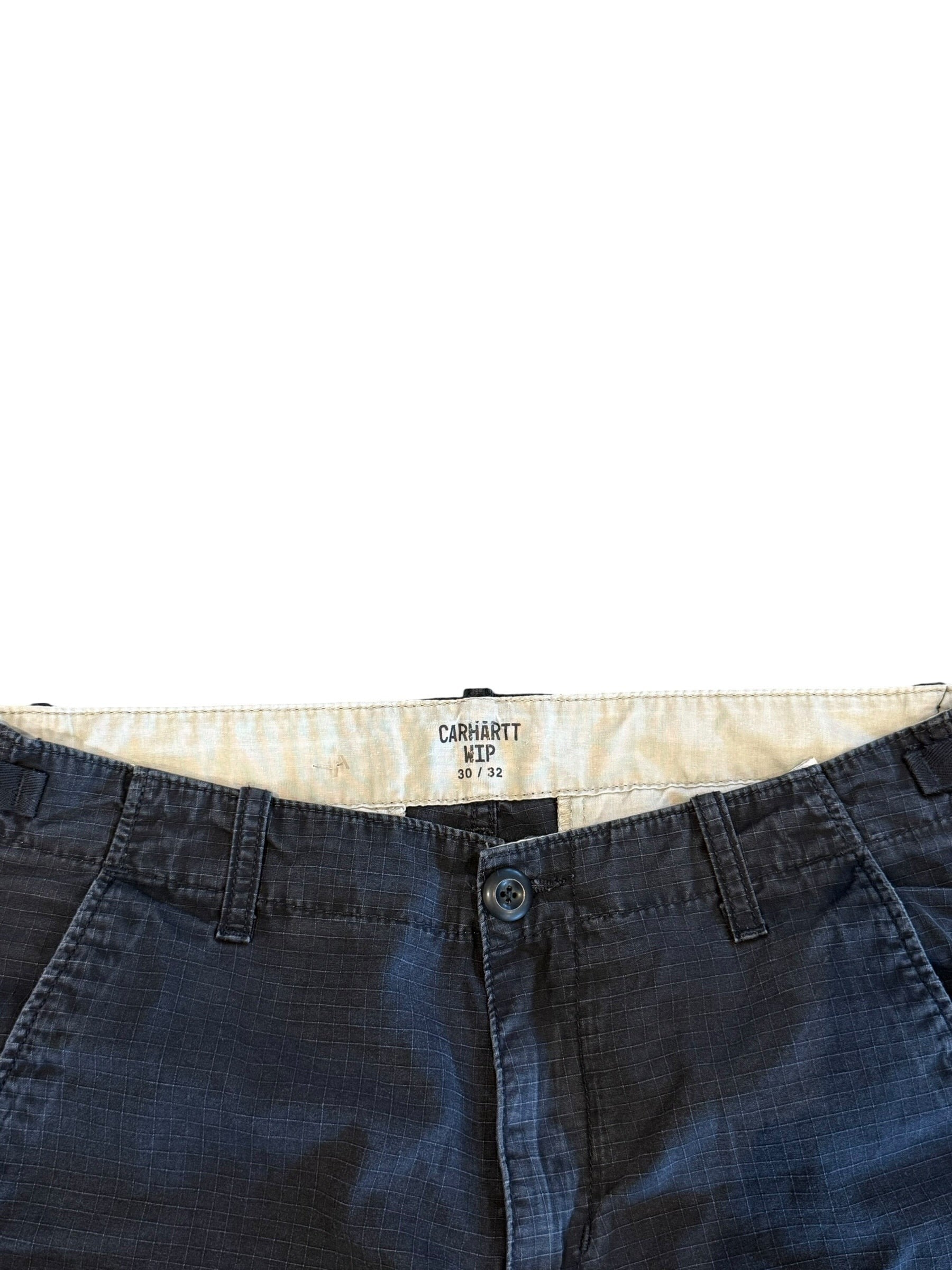 Archive No. 9 black Carhartt WIP cargo pants, size 30/32, featuring a grid pattern and multiple pockets.
