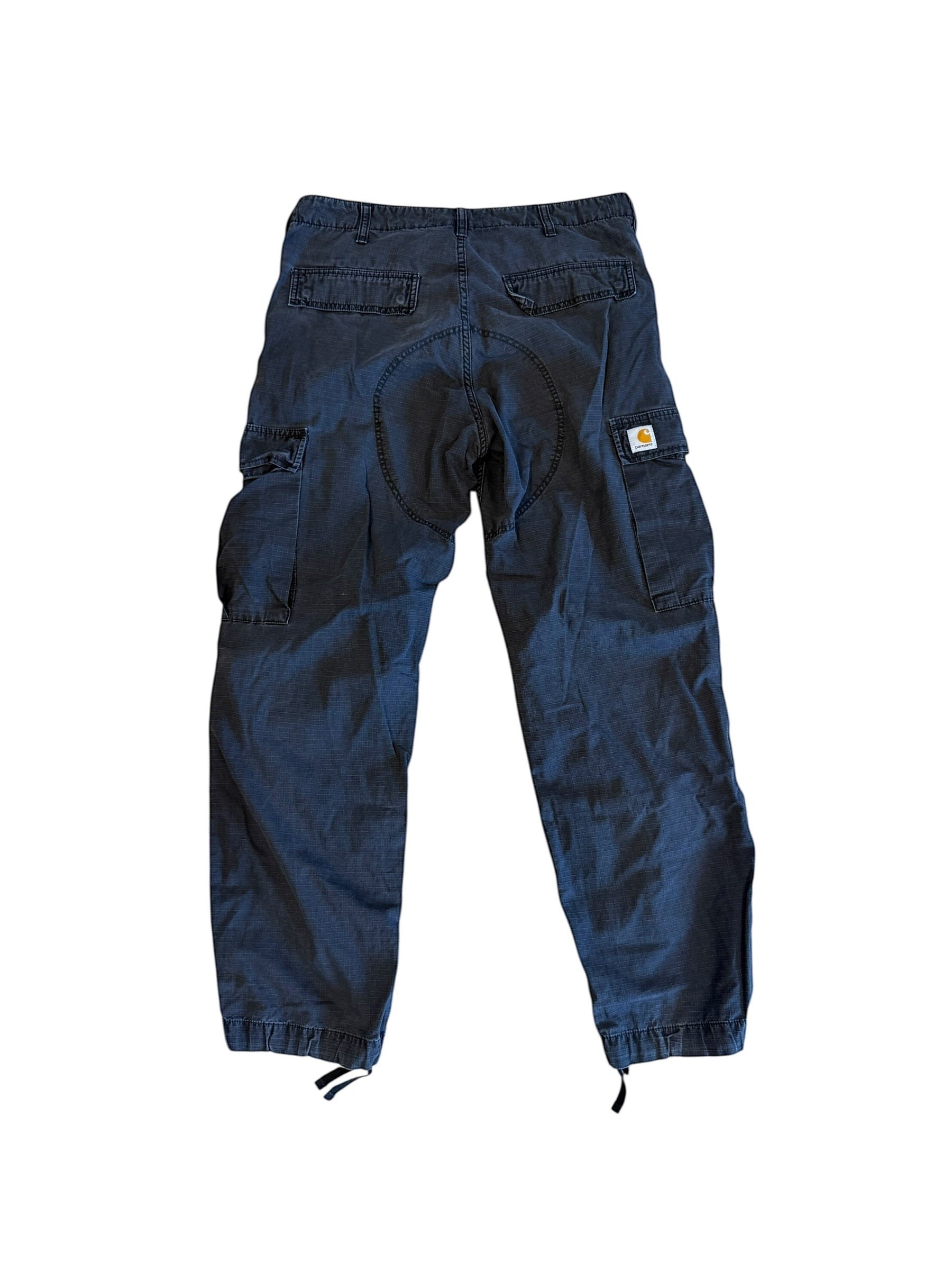 Archive No.9 black Carhartt cargo aviation trousers with multiple pockets and drawstring ankles, size 32/34.