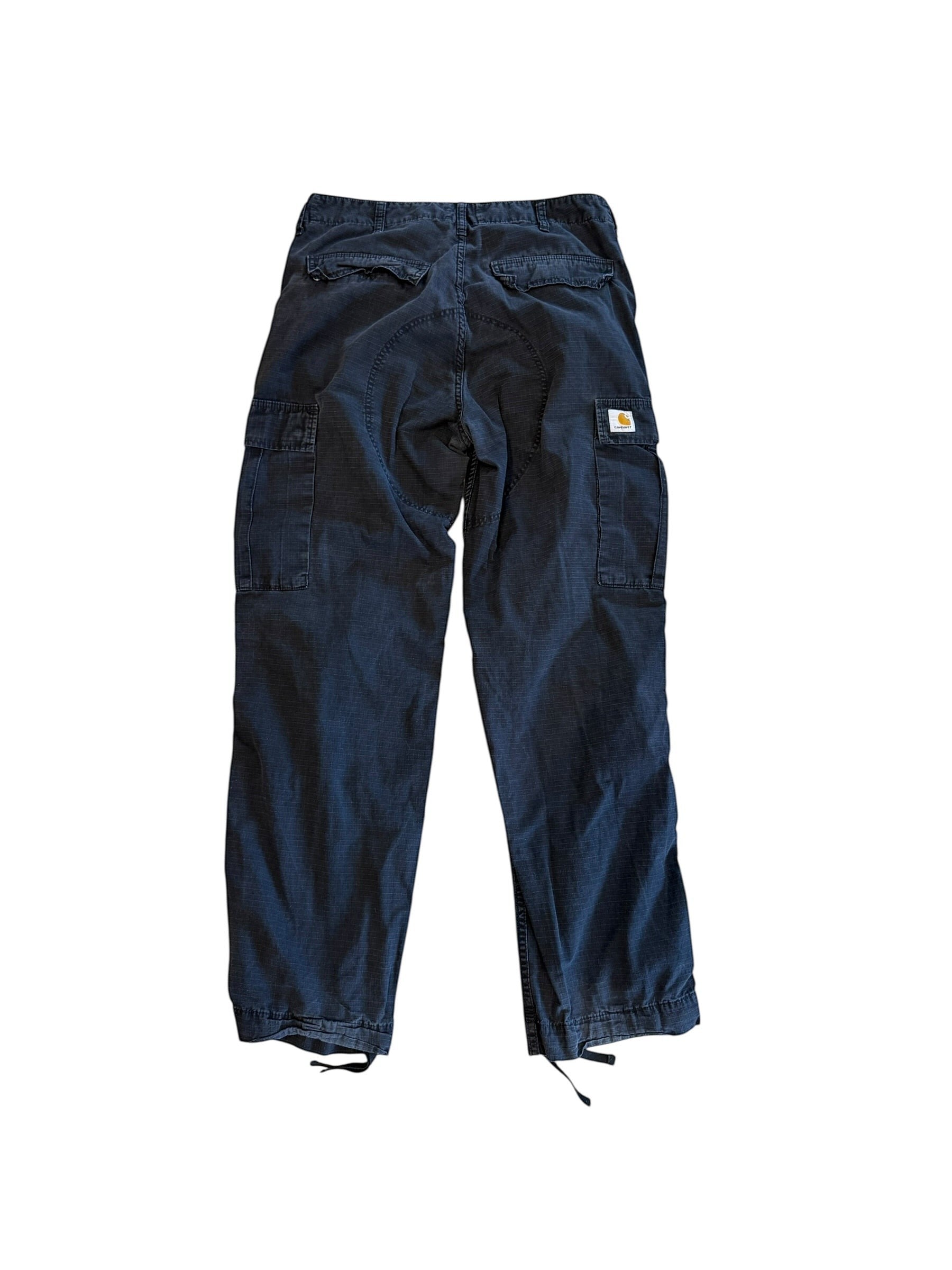 Archive No. 9 Carhartt black regular fit cargo pants with multiple pockets and drawstring ankles. Durable, breathable fabric.