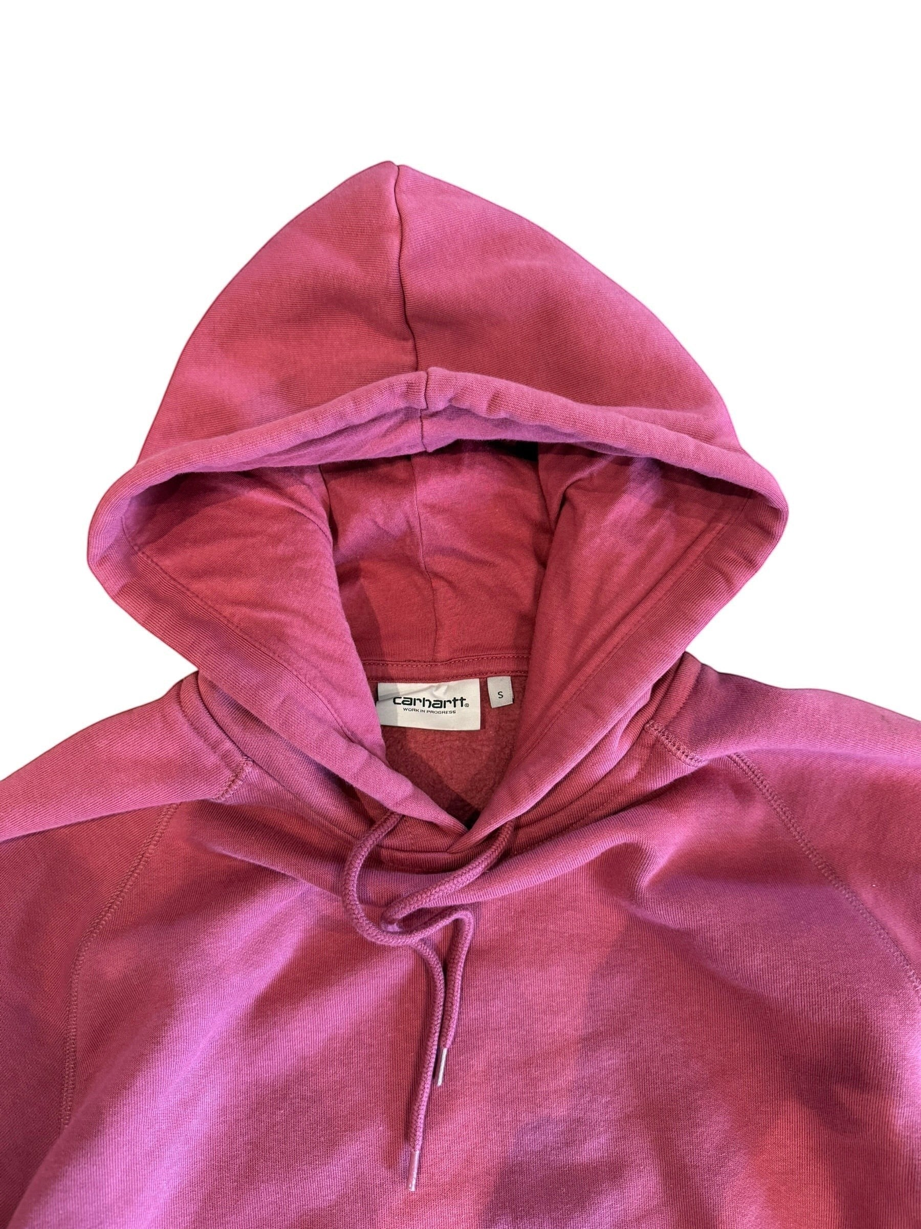 Archive No. 9 Carhartt burgundy hooded sweatshirt, size Small, with fleeced interior and adjustable drawstring.