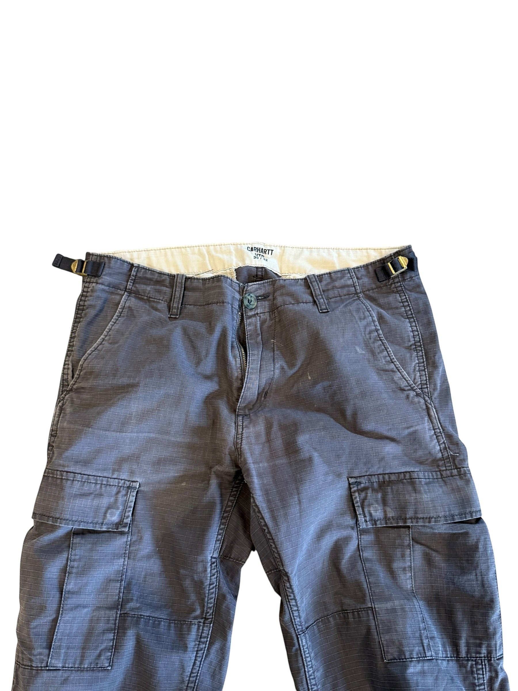 Archive No.9 grey Carhartt cargo trousers, 30/32 waist, lightweight, breathable, multi-pocket design.
