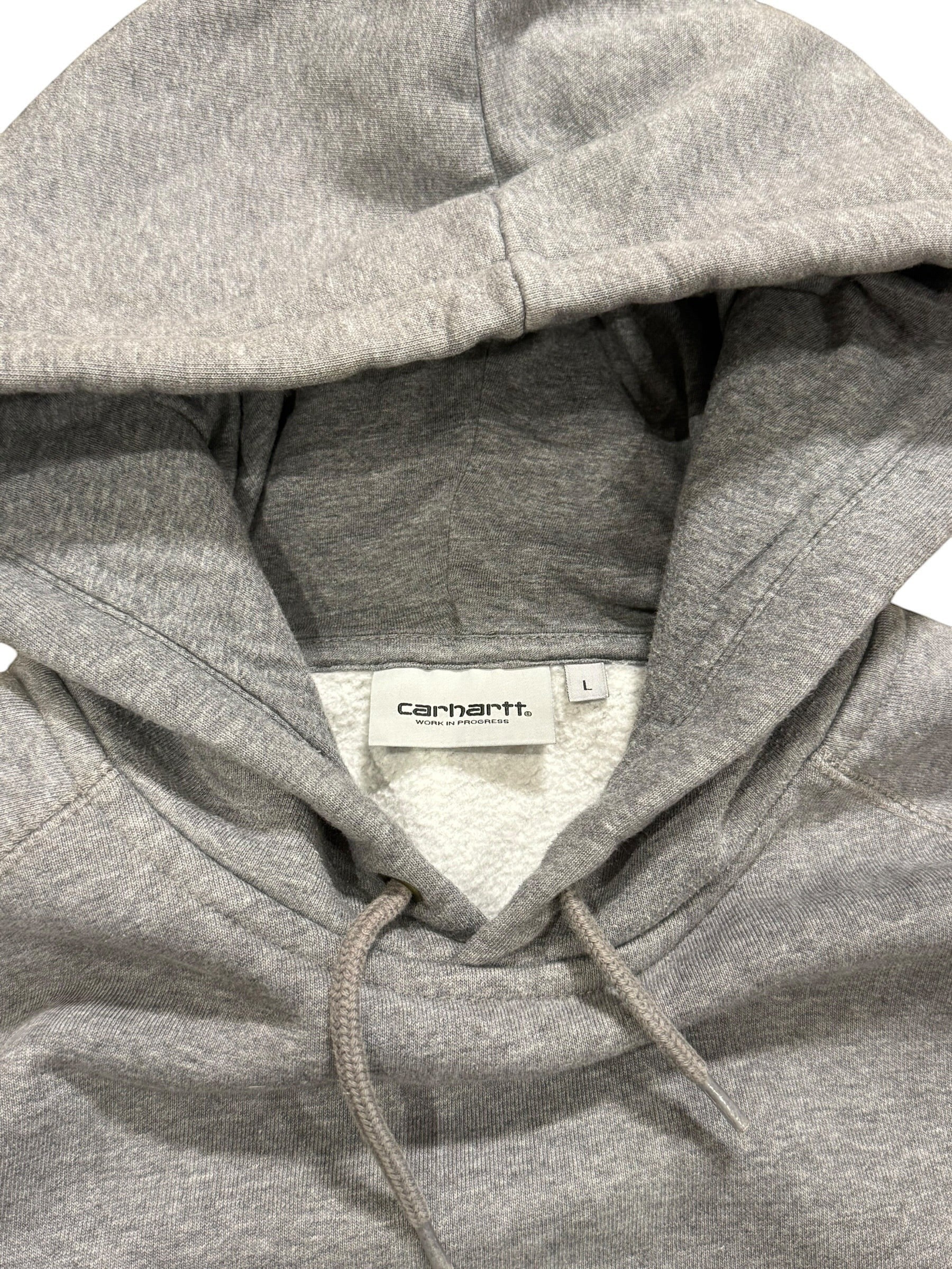 Archive No. 9 grey Carhartt Work In Progress hoodie, size L, with fleeced interior and drawstring hood.