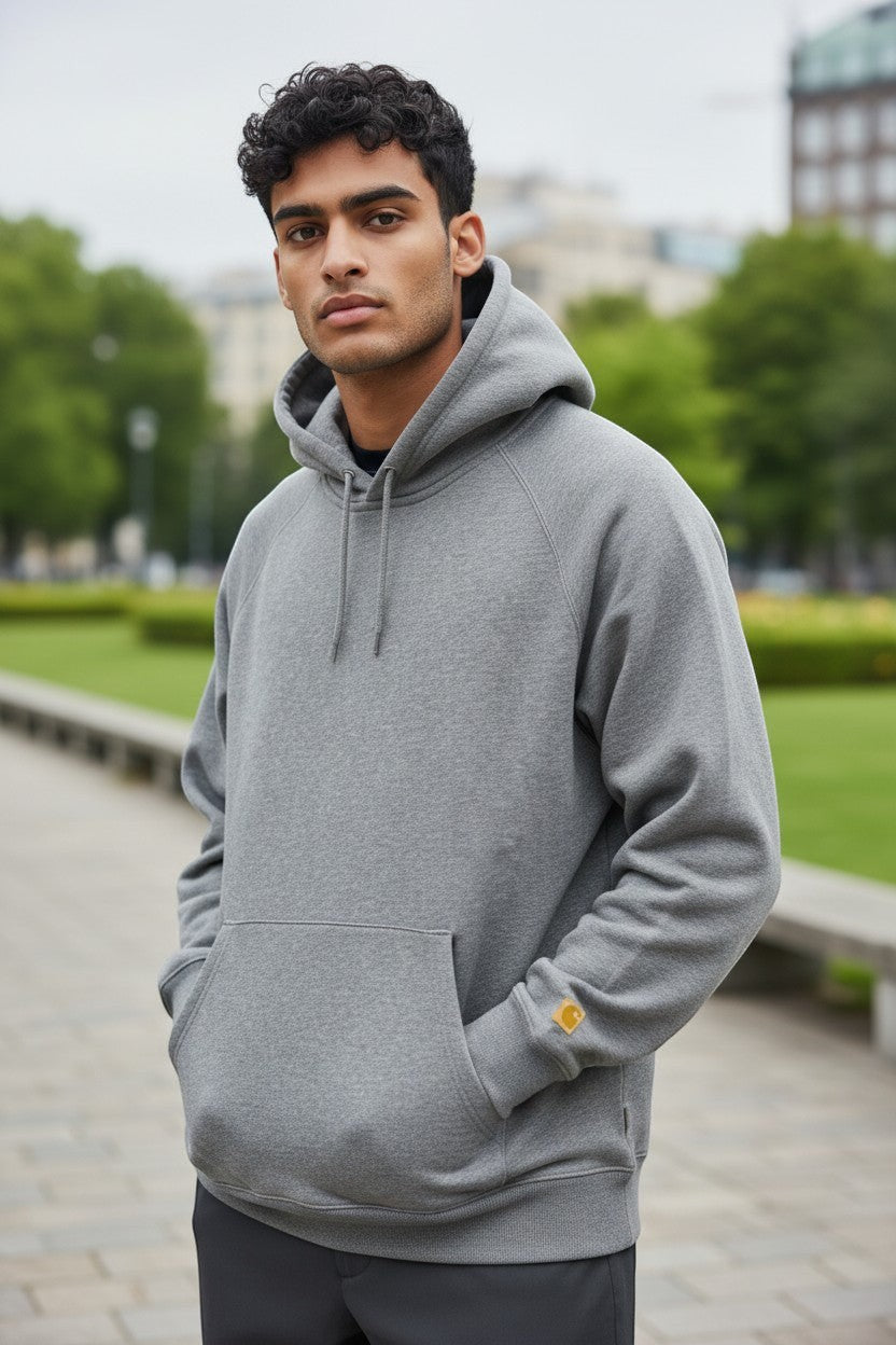 Archive No. 9 grey Carhartt hoodie, size Large, with a fleeced interior and kangaroo pocket.
