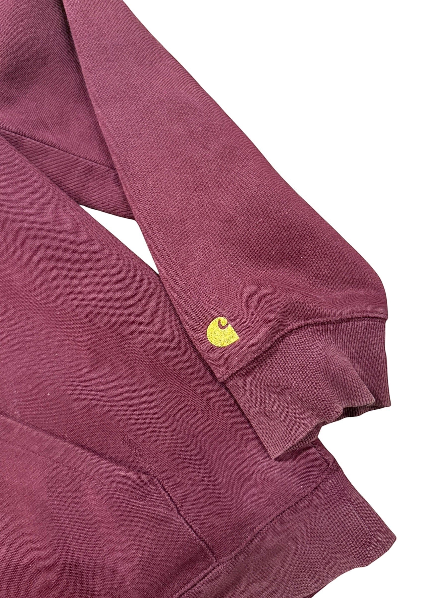 Archive No.9 Carhartt maroon fleece-lined hoodie, size XL, with yellow logo on sleeve.