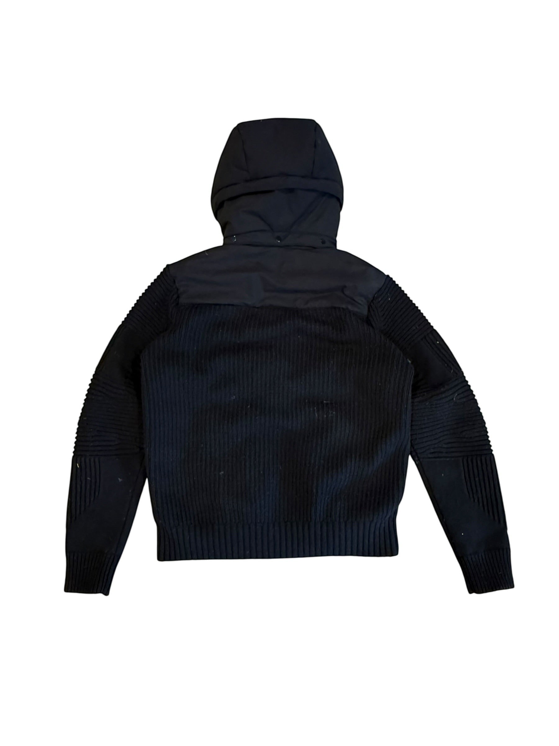 Archive No. 9 black C.P. Company hybrid jacket with detachable hood, 50/50 knit and puffer design.