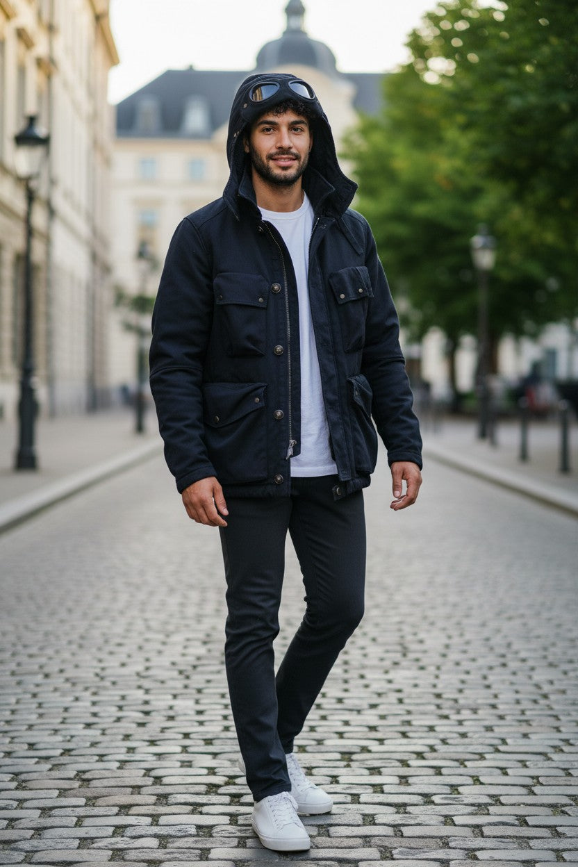 Archive No. 9 C.P. Company black Mille Miglia jacket with goggles on hood, multiple pockets, and zip/button closure. Stretchy, water-resistant material.