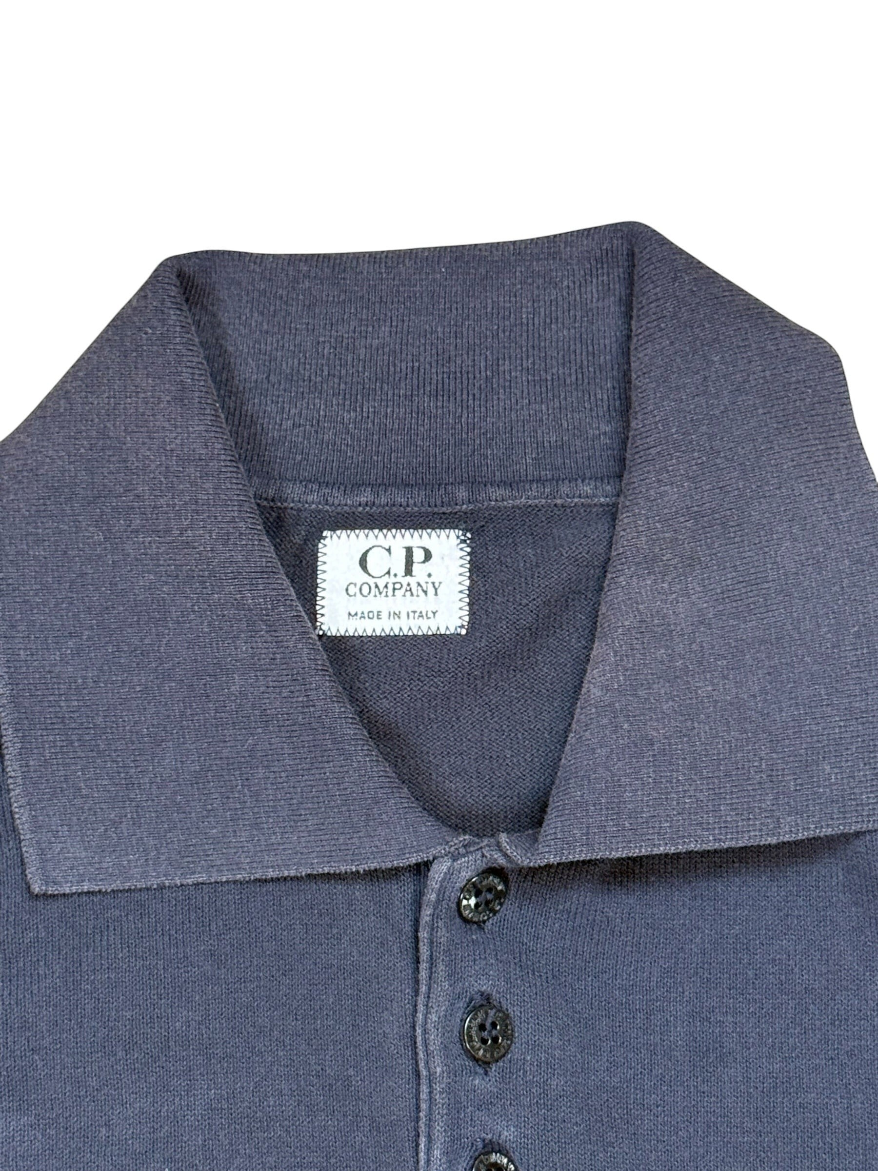 Archive No. 9 vintage C.P. Company black cotton polo shirt with spell-out logo on chest, size M.