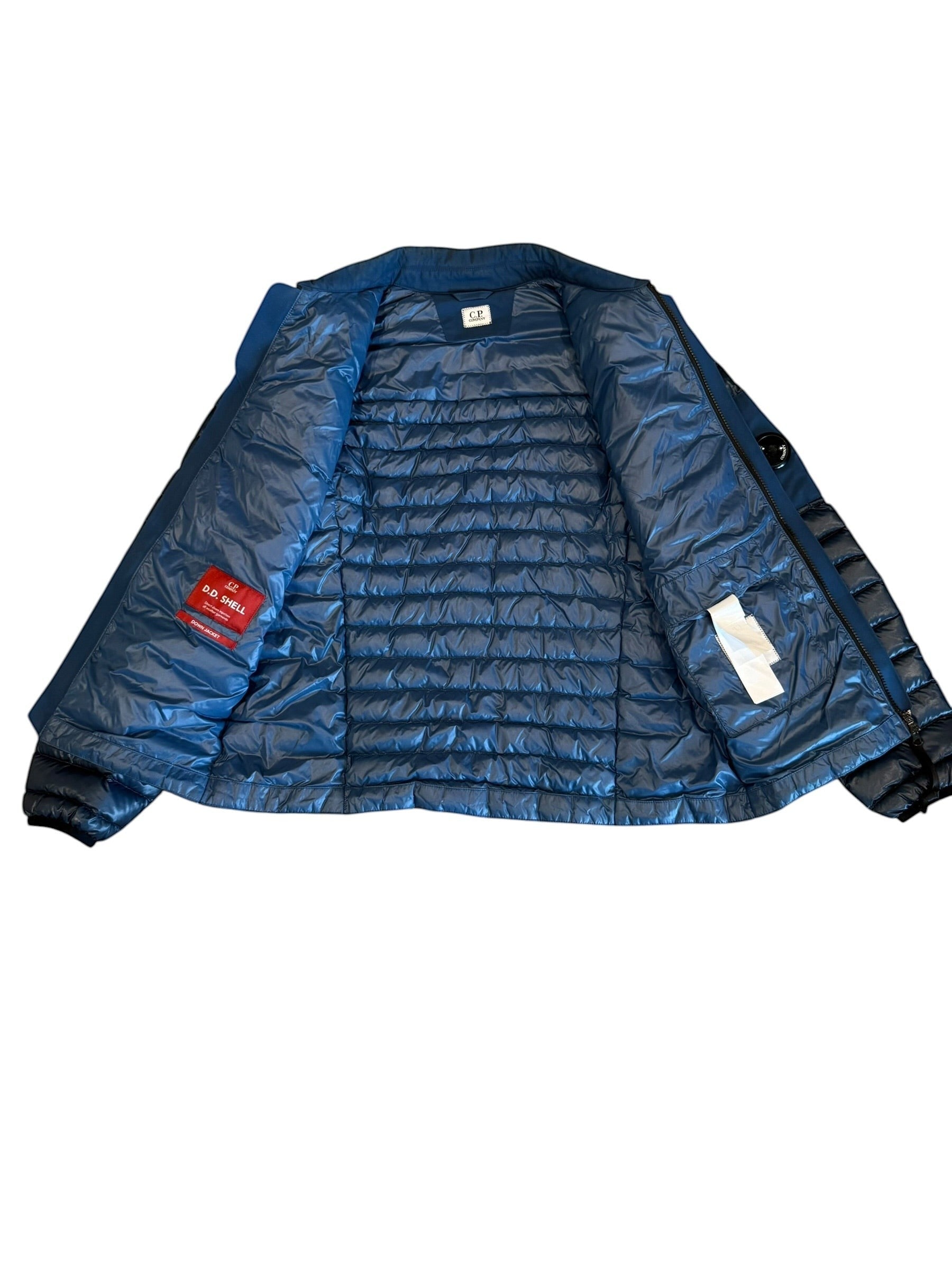 Archive No. 9 C.P. Company blue DD Shell bomber jacket, down-filled for warmth and lightweight comfort. Size M.