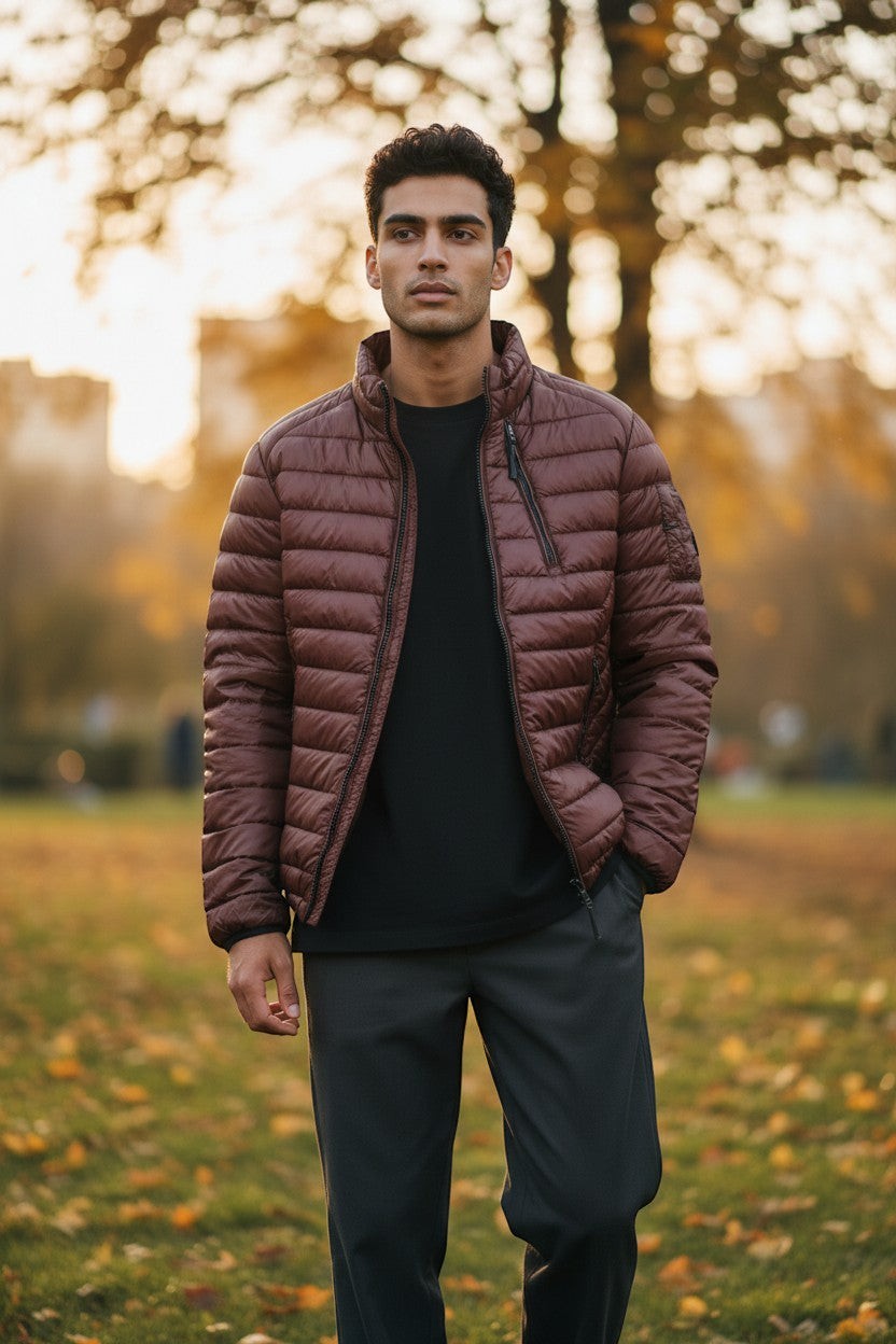 Archive No. 9 C.P. Company burgundy DD Shell waterproof puffer jacket, size Large. Lightweight technical outerwear with zip pockets and drawstring hem.