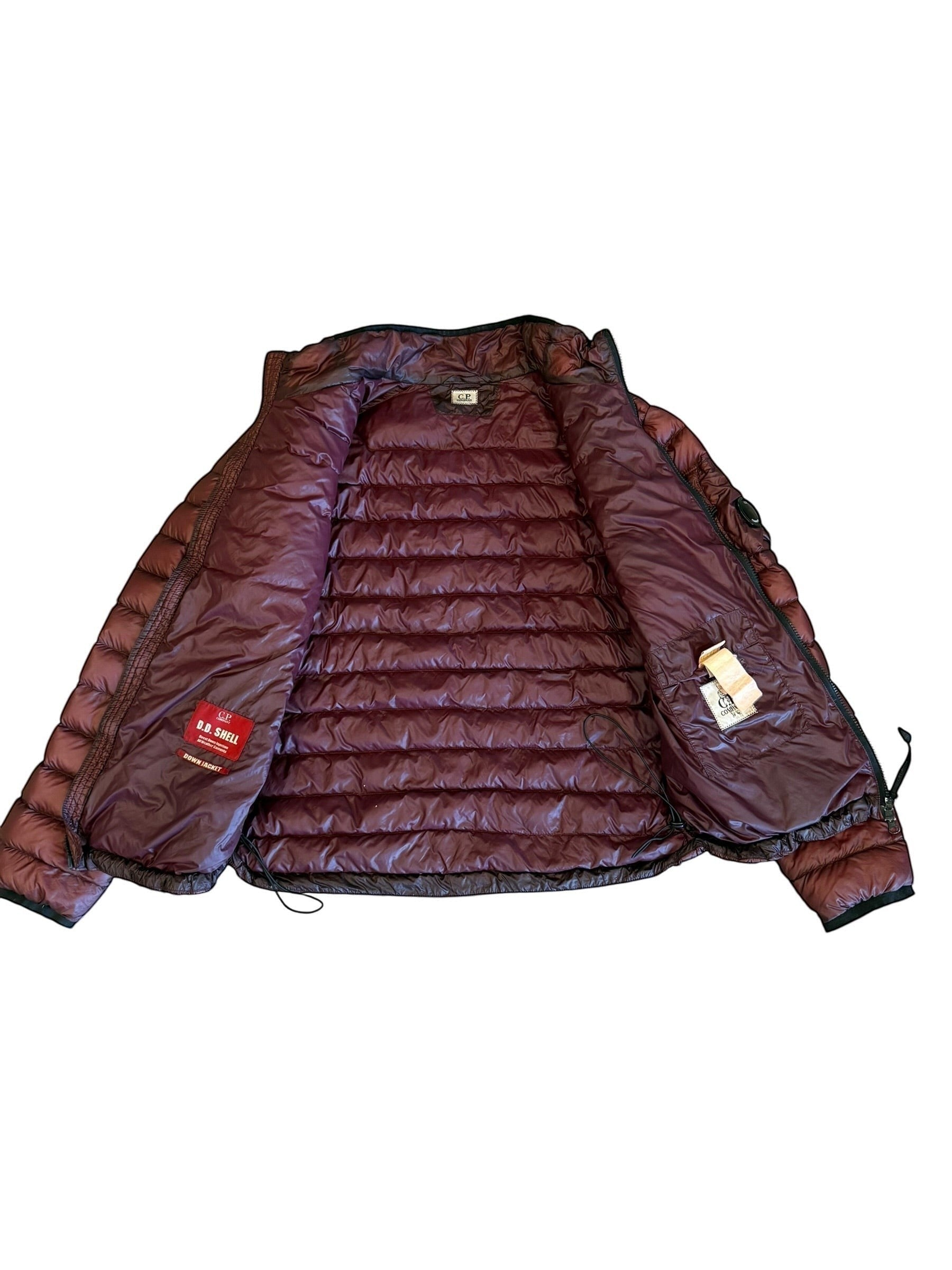Archive No. 9 C.P. Company burgundy DD Shell lightweight waterproof down jacket, size Large.