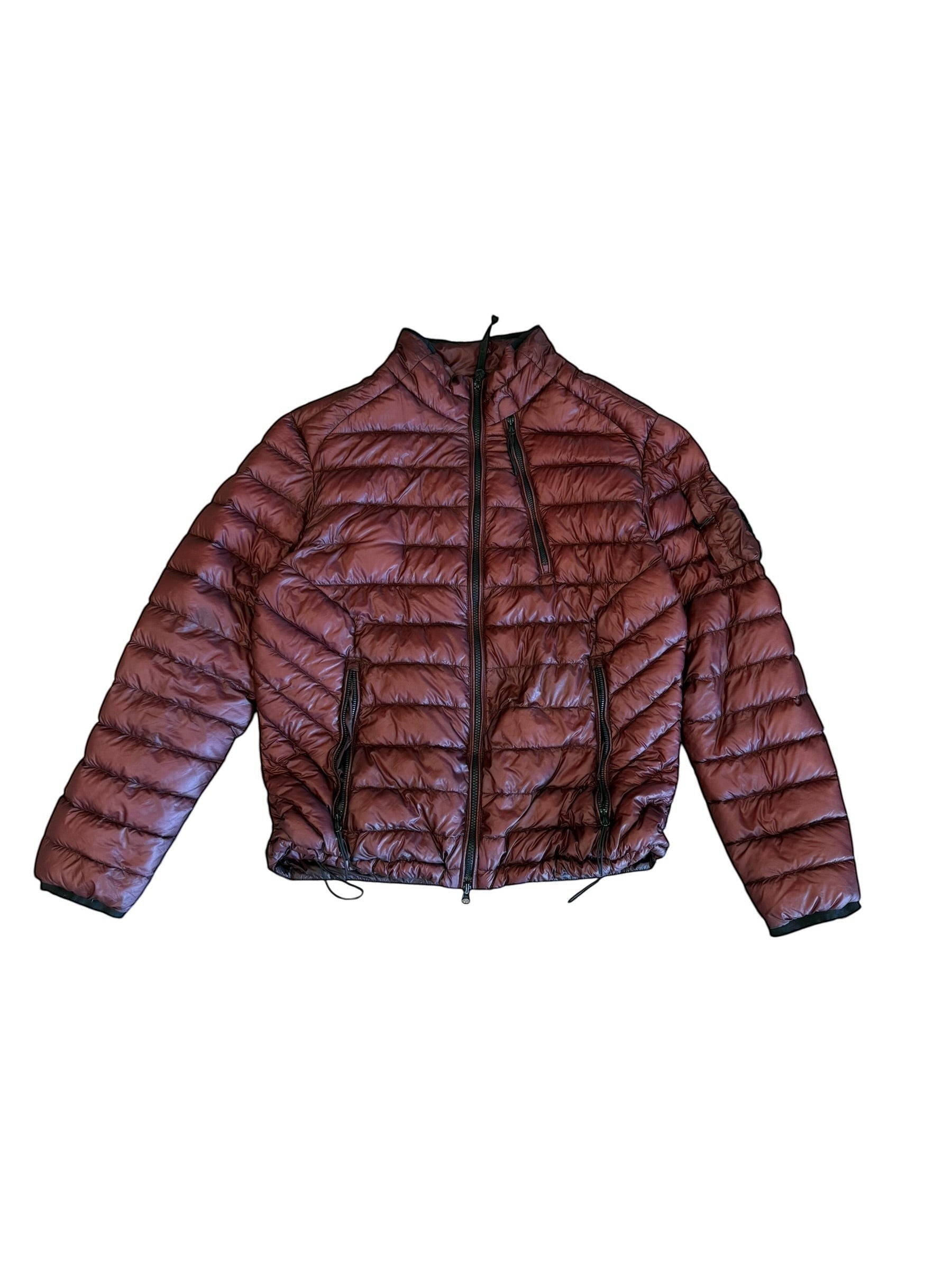 Archive No. 9 C.P. Company burgundy DD Shell waterproof puffer jacket, size Large. Features a lightweight, technical feel and zip pockets.