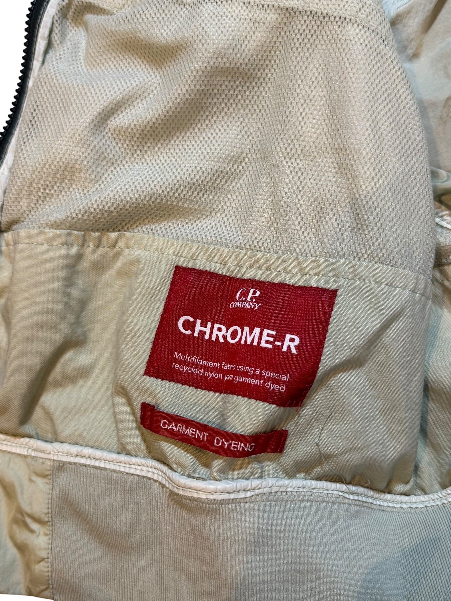 Archive No. 9 C.P. Company beige/cream Chrome-R bomber jacket, size Medium. Lightweight, wind-resistant, waterproof shell.