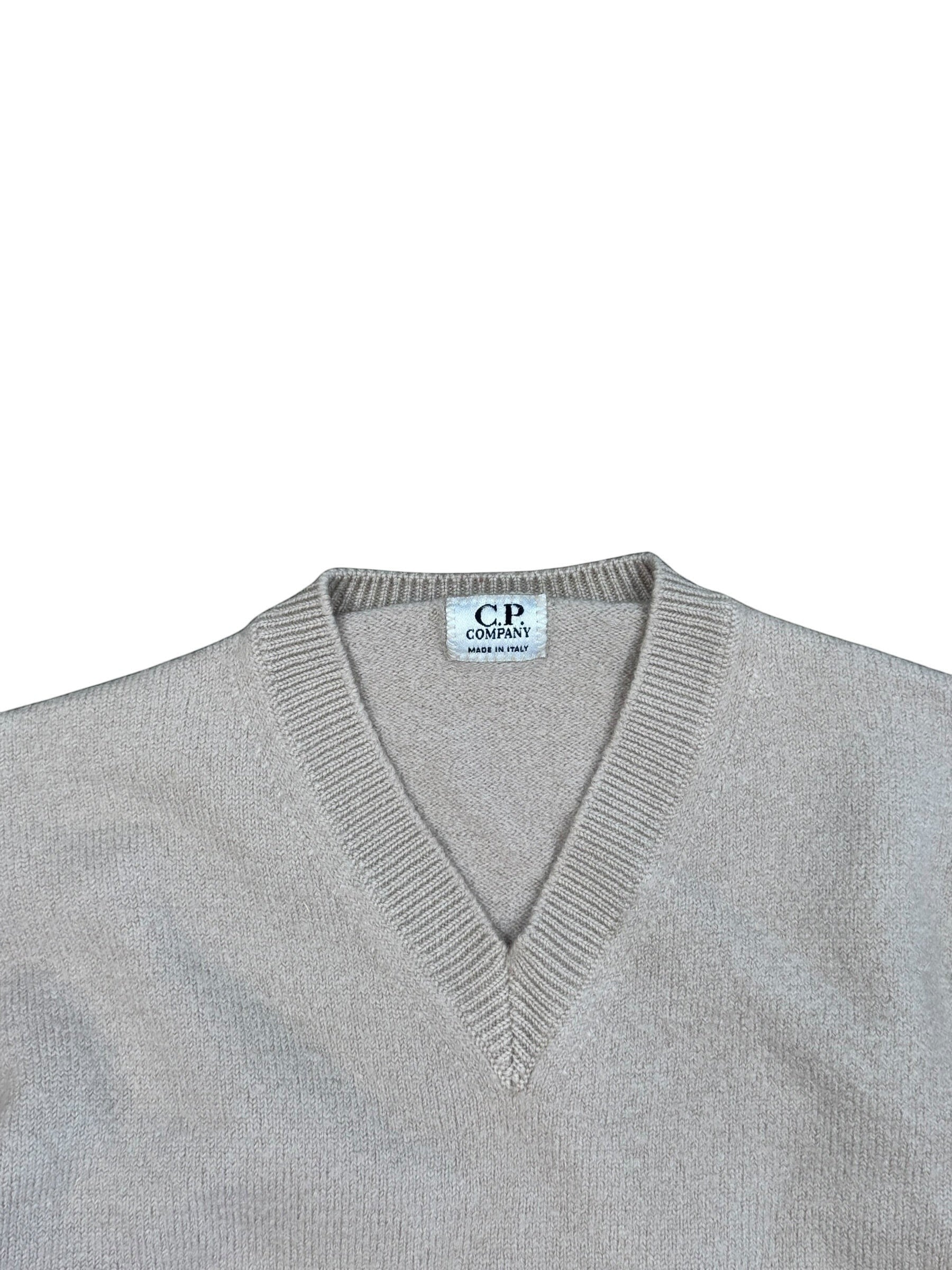 Archive No. 9 C.P. Company cream Lana wool V-neck knitted jumper, regular fit, made in Italy.