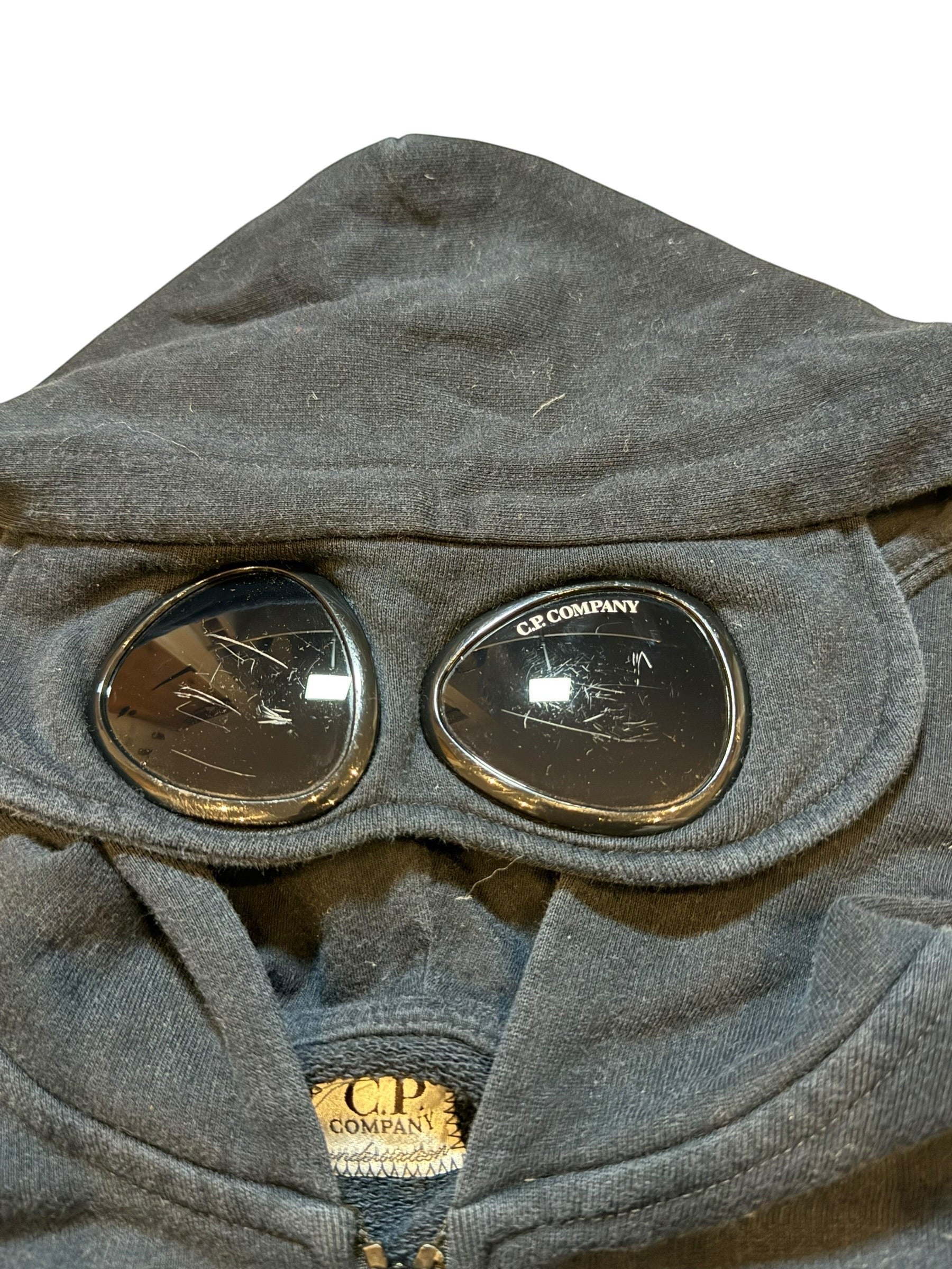 Archive No. 9 C.P. Company black cotton hoodie with integrated goggles on the hood and front logo. Size Small.