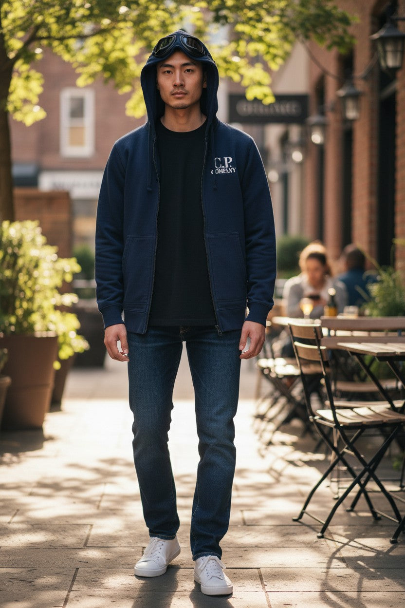 Archive No. 9 navy blue C.P. Company zip-up hoodie with integrated goggles on the hood and front logo. Fleeced interior.