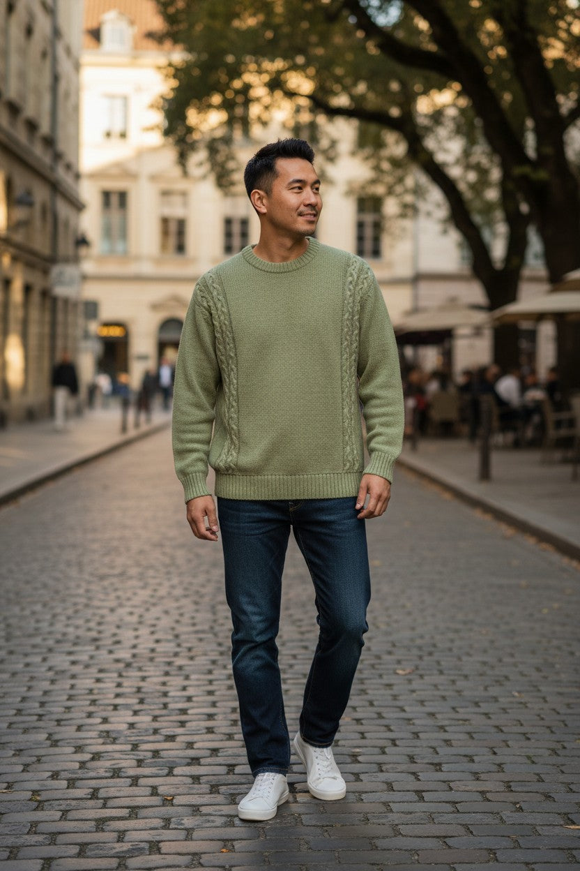Archive No. 9 C.P. Company khaki green 100% wool cable knit jumper with rare Massimo Osti tag.