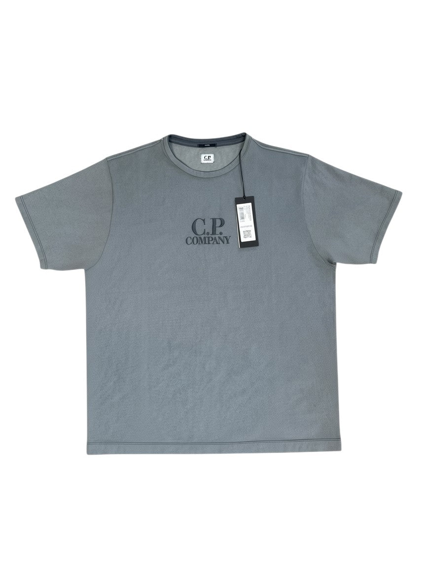 Archive No. 9 grey C.P. Company t-shirt with embroidered logo on chest, regular fit, stretchy material.