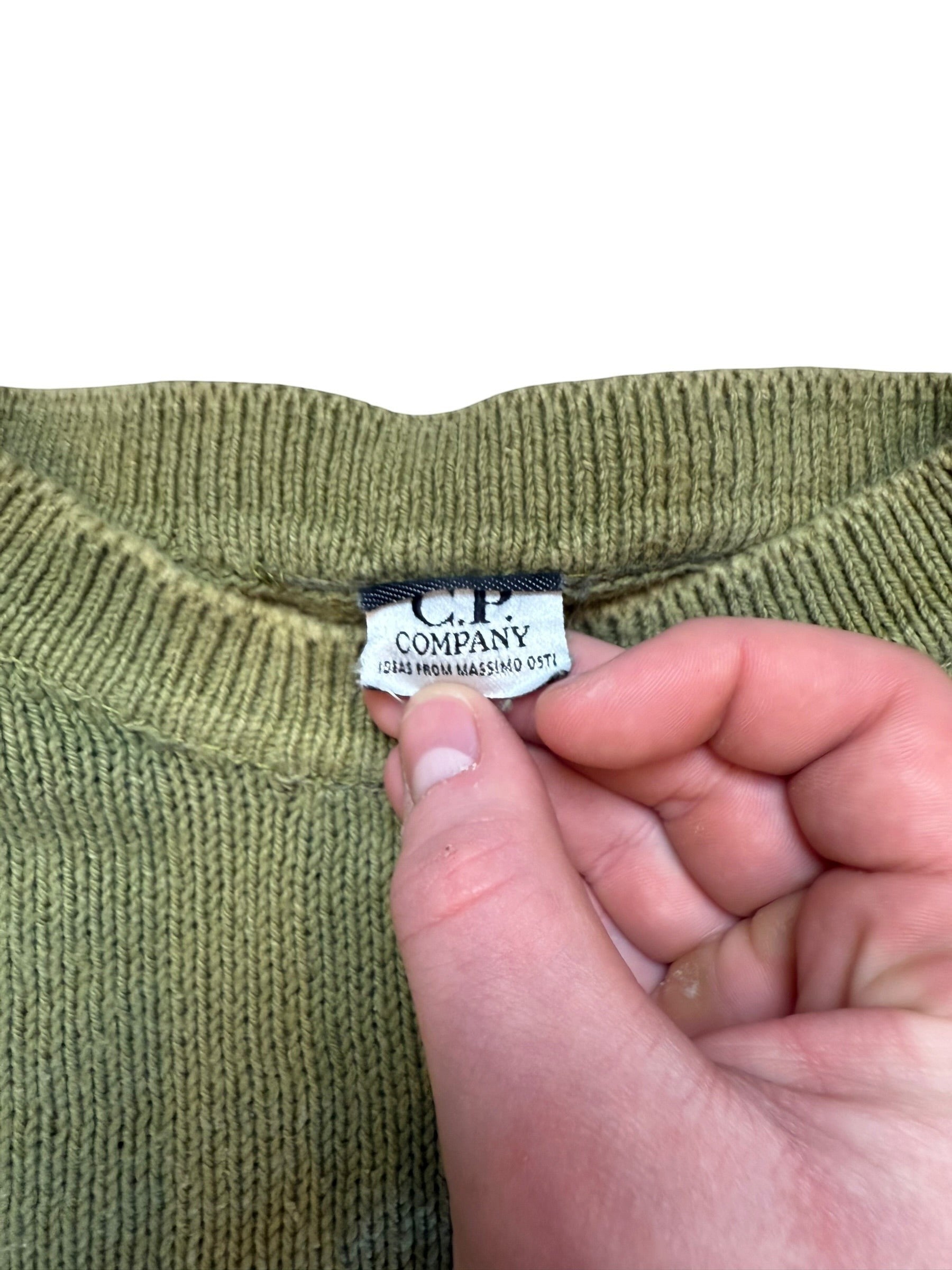 Archive No. 9 C.P. Company vintage khaki green 100% wool hand-Knit Jumper with rare Massimo Osti tag.