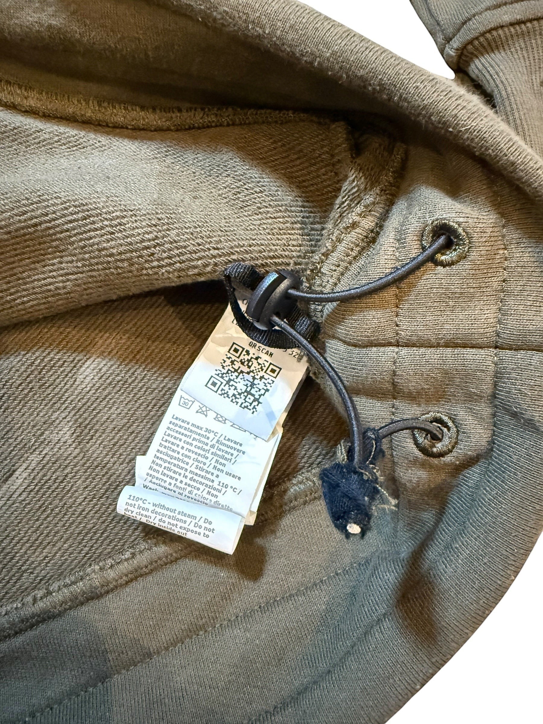 Archive No. 9 C.P. Company khaki cotton sweatshirt with drawstring hood and arm lens detail. Size Medium.