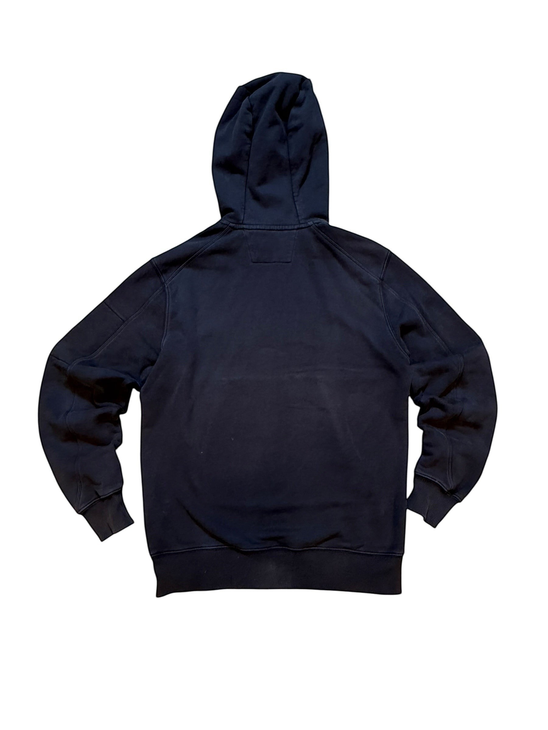 Archive No. 9 navy blue C.P. Company cotton hoodie with lens detail on arm and logo on hood, size Small.