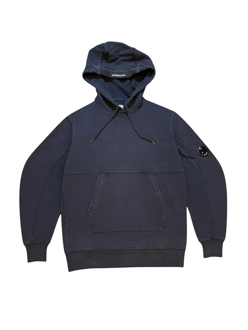 Archive No. 9 C.P. Company navy blue cotton hoodie with lens detail on sleeve and logo on hood. Size Small.