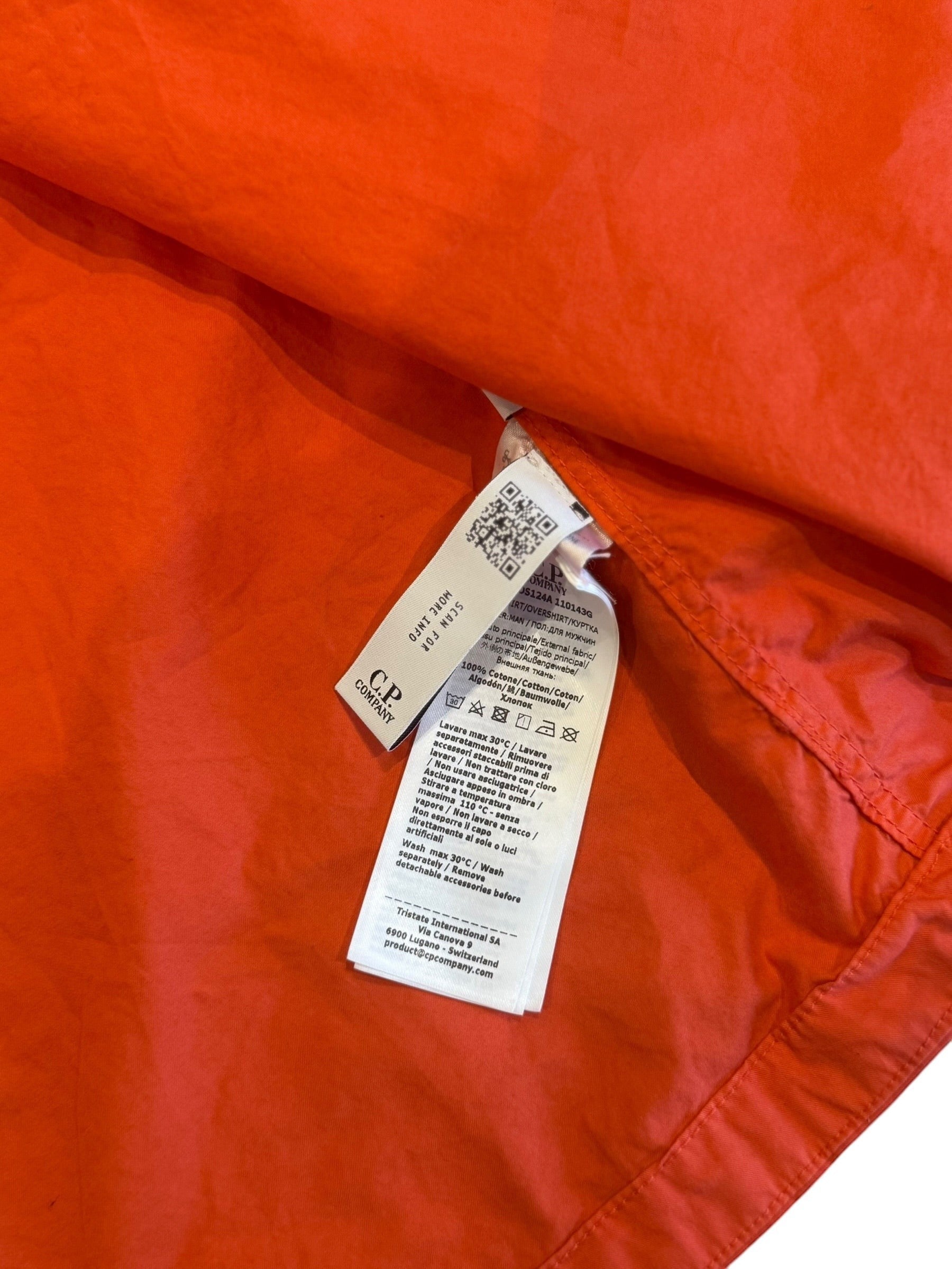 Archive No. 9 C.P. Company red cotton overshirt with iconic arm lens detail, size XXL.