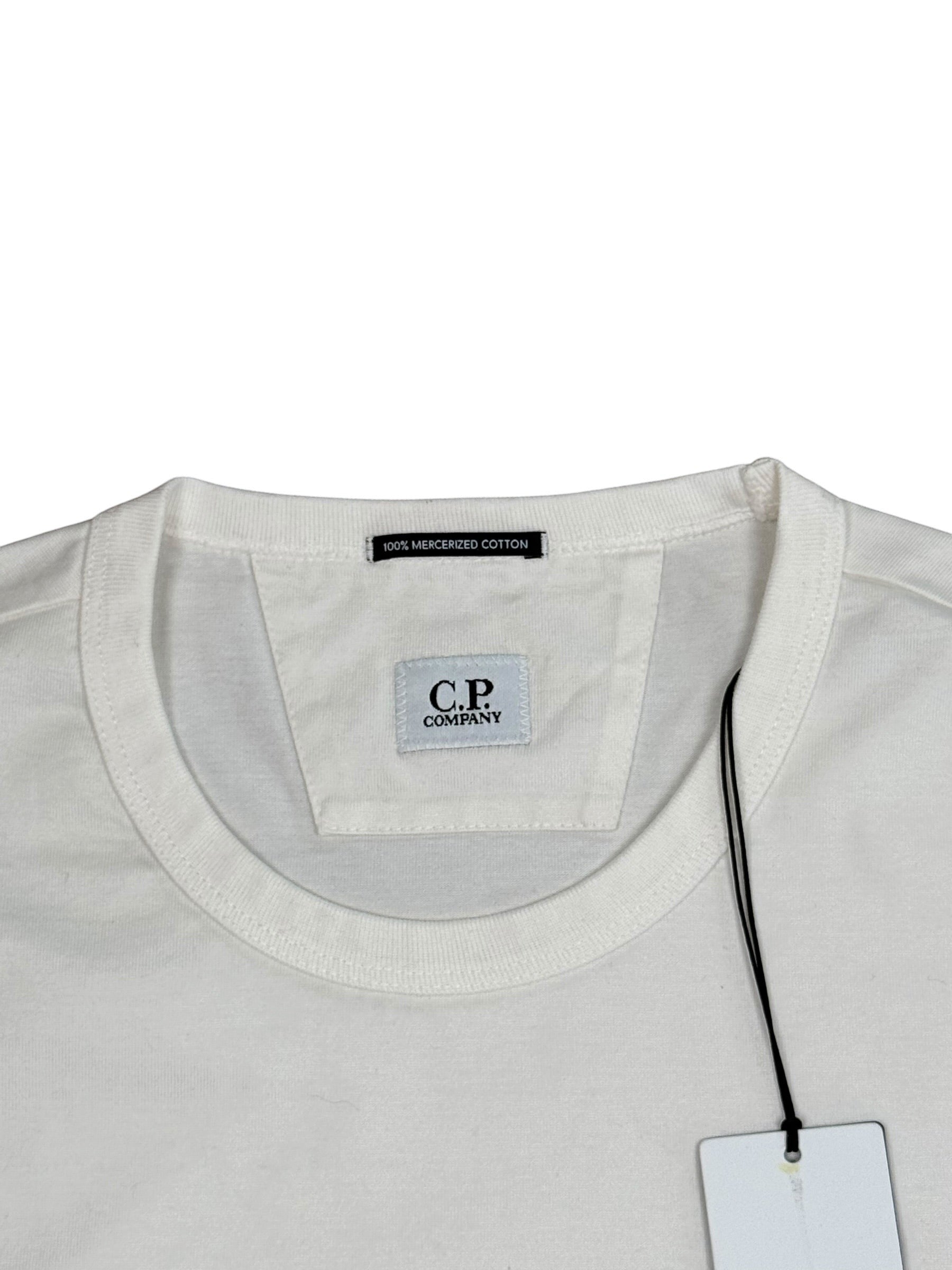 Archive No. 9 white 100% mercerized cotton C.P. Company spellout t-shirt, size XL, with oversized fit.