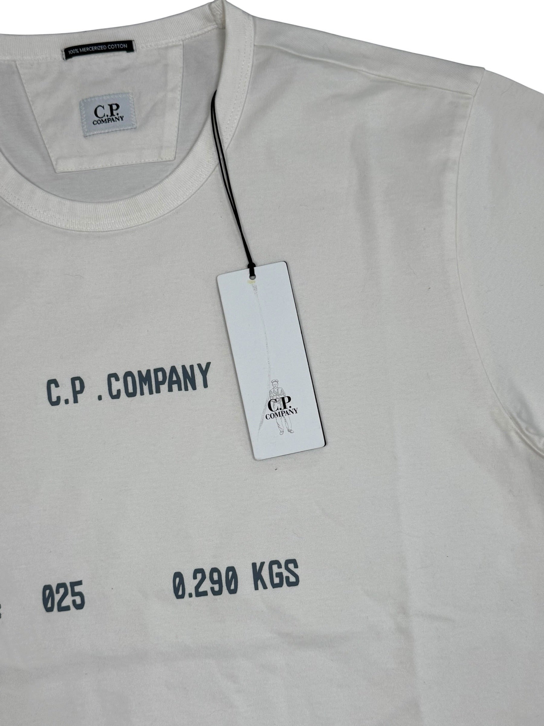 Archive No. 9 white 100% mercerized cotton C.P. Company spellout t-shirt, size XL, with oversized fit and tags.