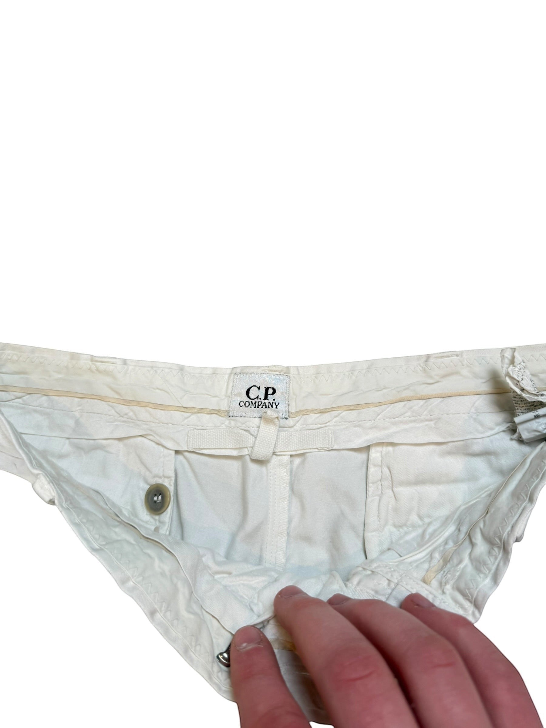 Archive No. 9 vintage C.P. Company white trousers, W30 fit, lightweight breathable material, early 2000s.